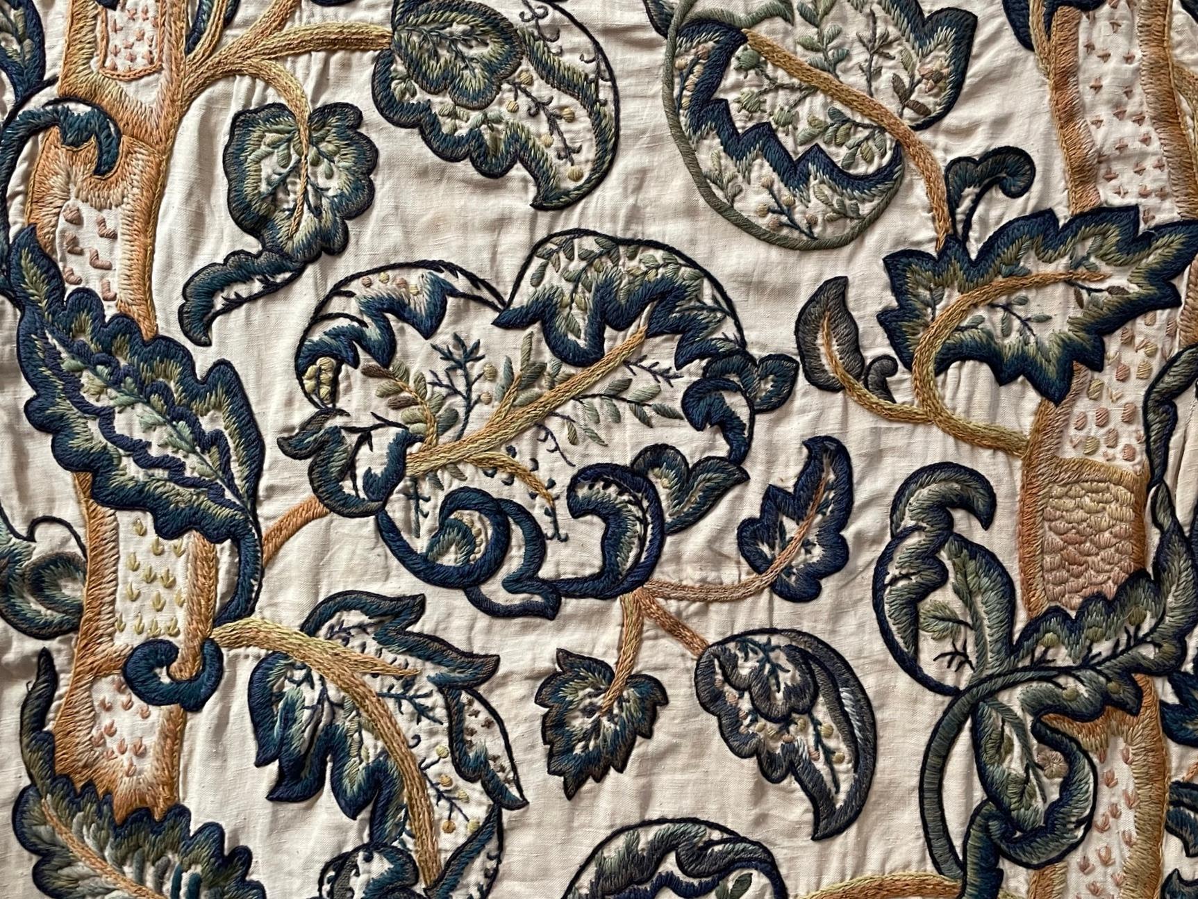 English Antique Blue and White and Gold Floral Crewel Work Wall Hanging For Sale