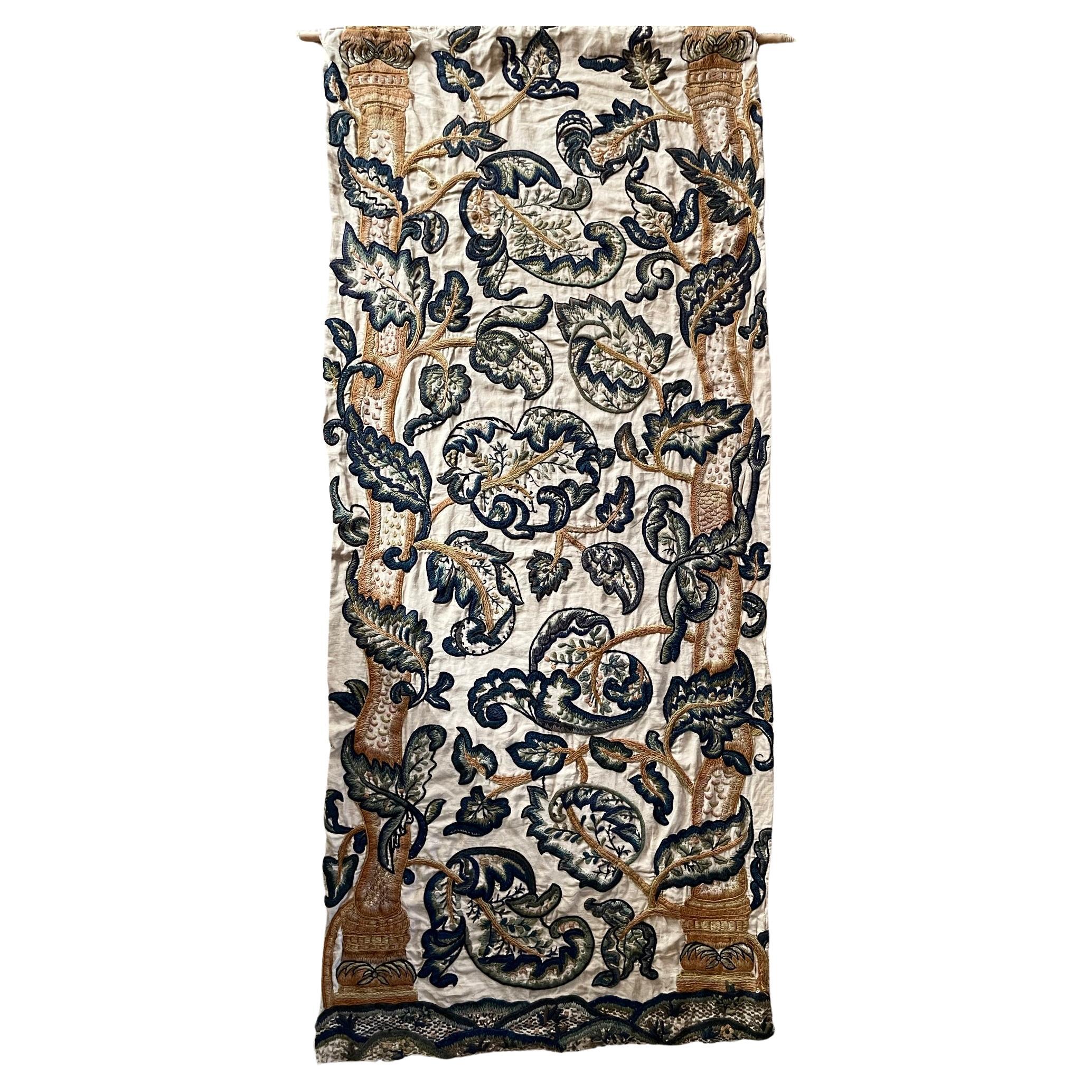 Antique Blue and White and Gold Floral Crewel Work Wall Hanging For Sale