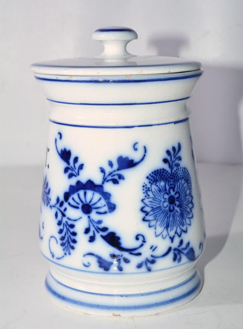 Hand-Crafted Antique Blue and White Canister Labeled Zucker