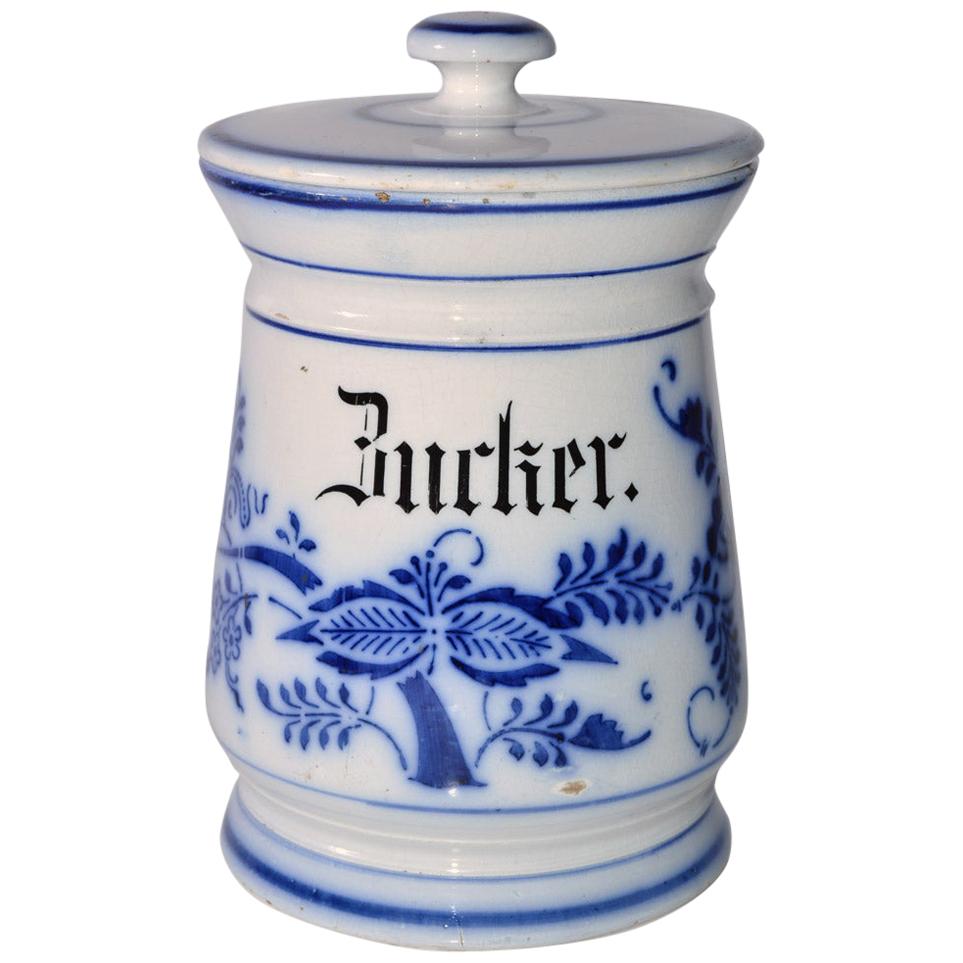Antique Blue and White Canister Labeled Zucker