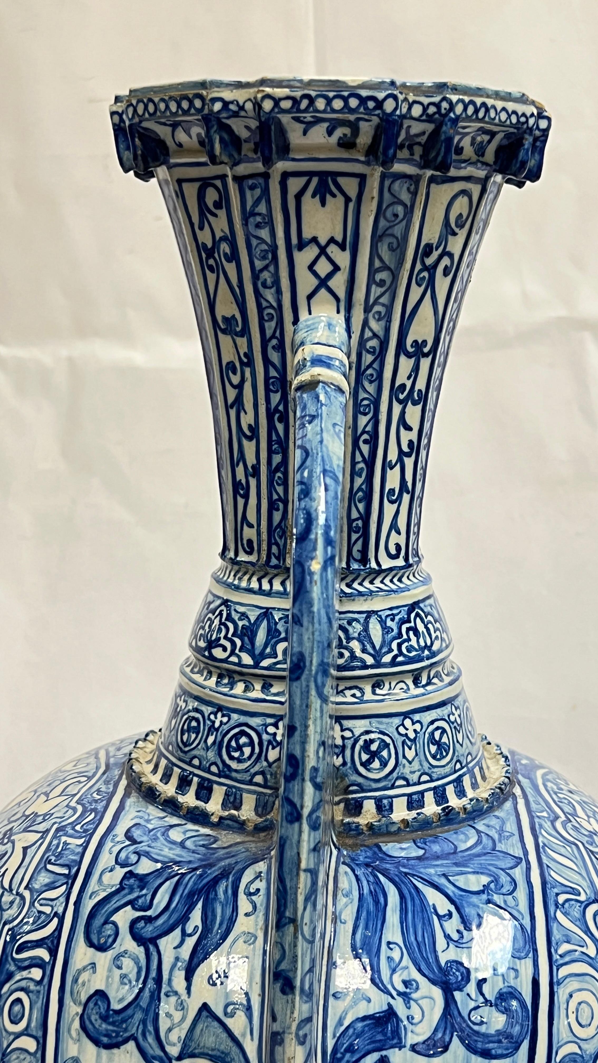 Antique Blue and White Ceramic Alhambra Vase and Iron Stand For Sale 7