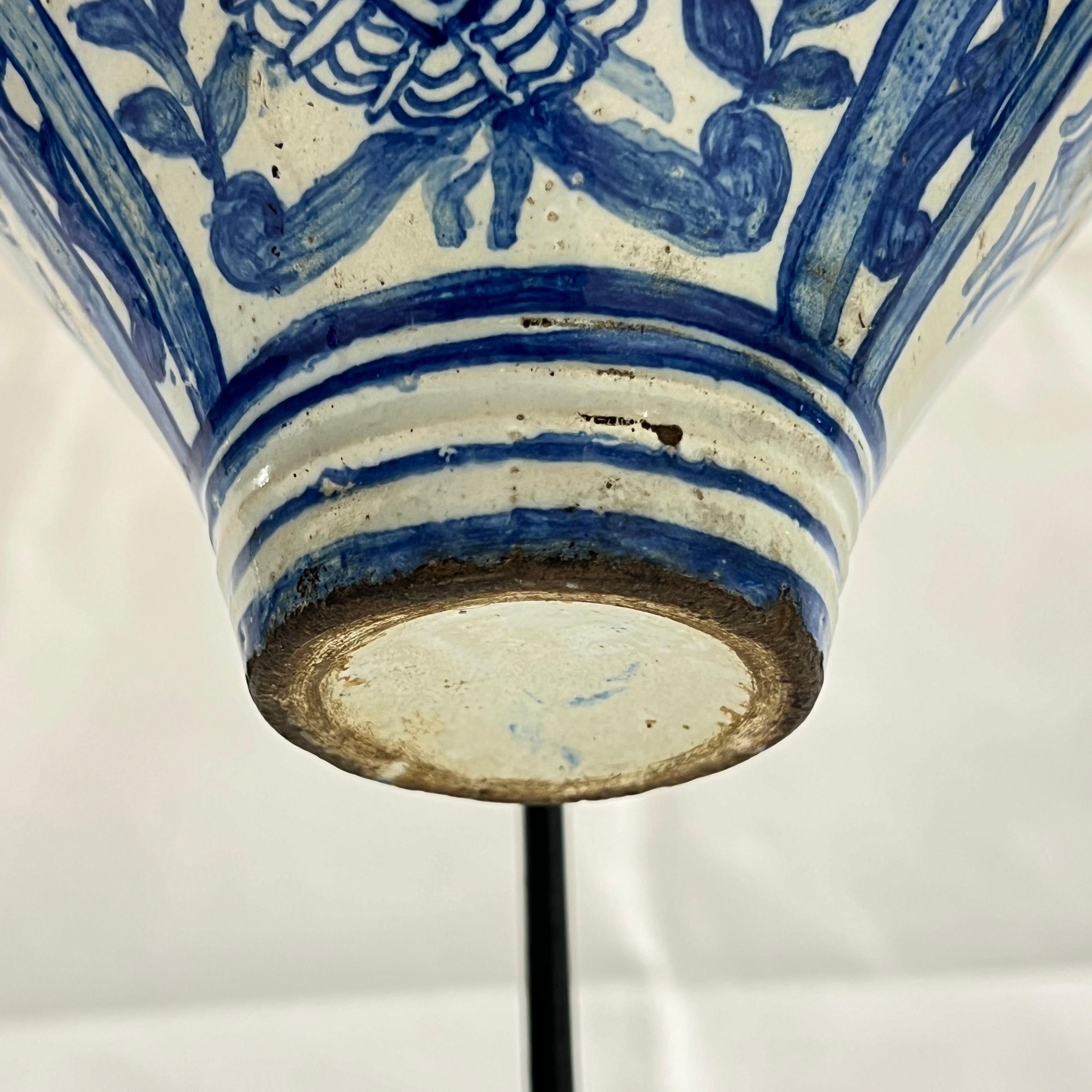 Antique Blue and White Ceramic Alhambra Vase and Iron Stand For Sale 13