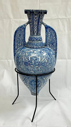 Antique Blue and White Ceramic Alhambra Vase and Iron Stand