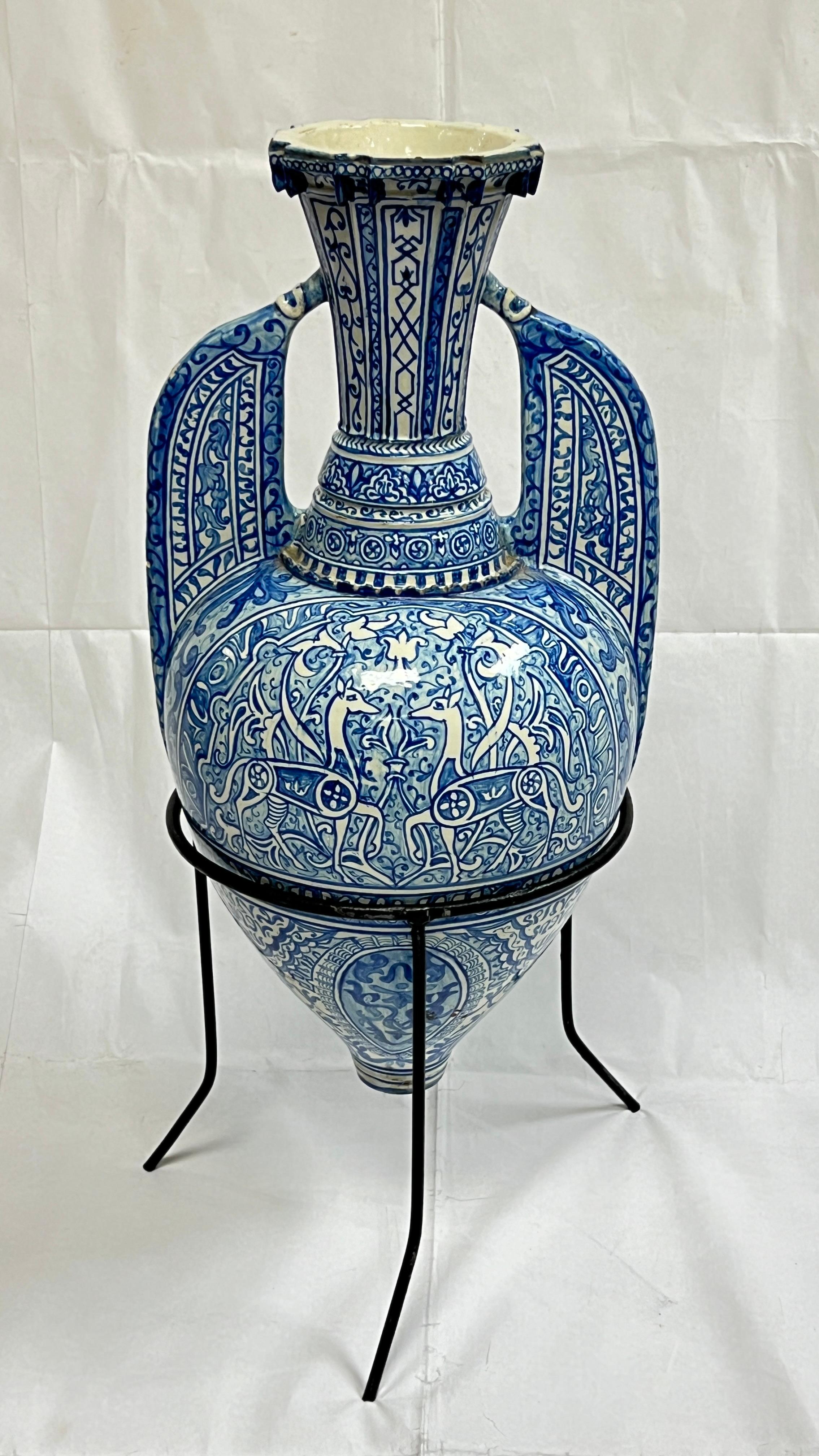 Islamic Antique Blue and White Ceramic Alhambra Vase and Iron Stand For Sale