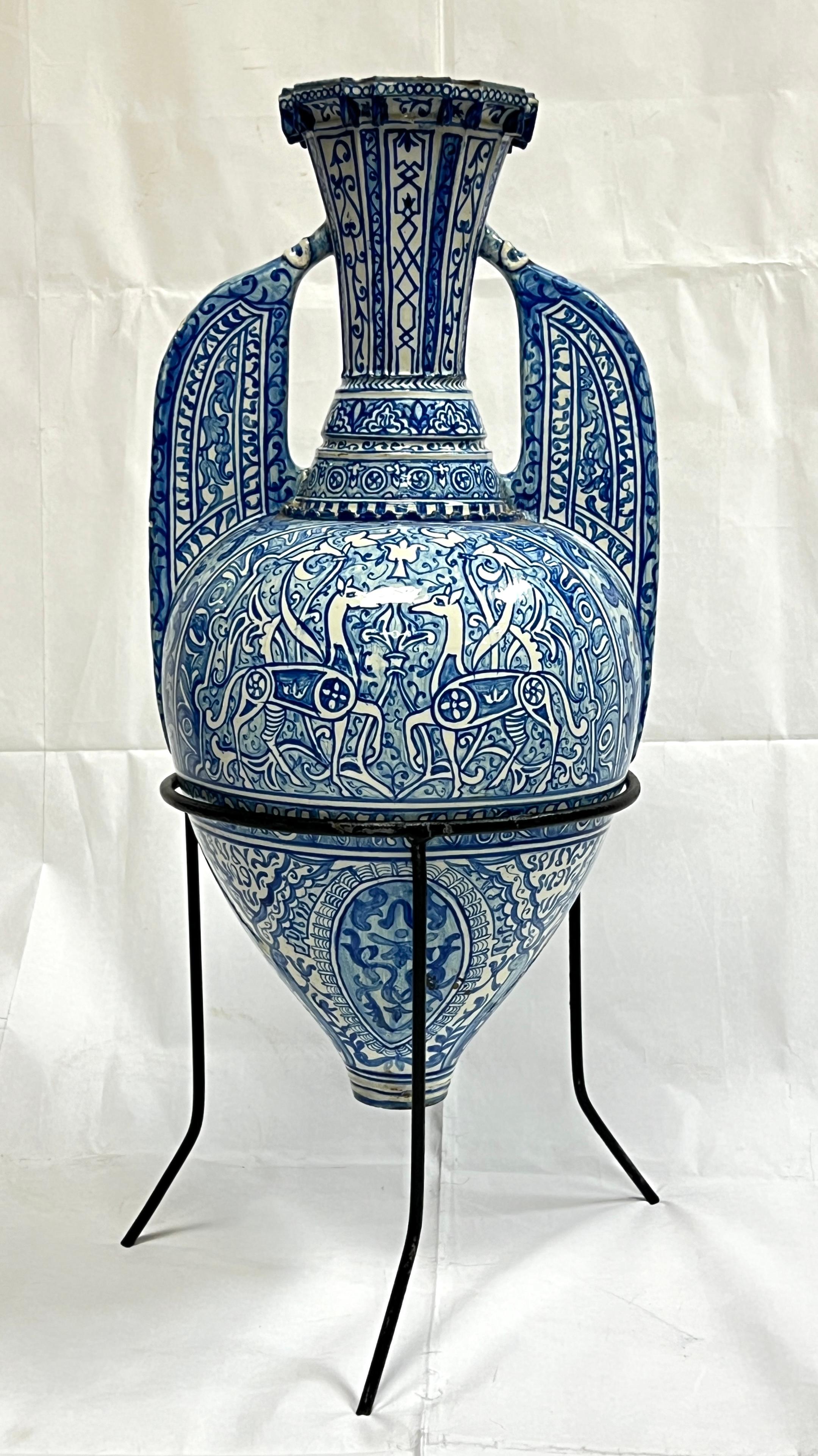 19th Century Antique Blue and White Ceramic Alhambra Vase and Iron Stand For Sale