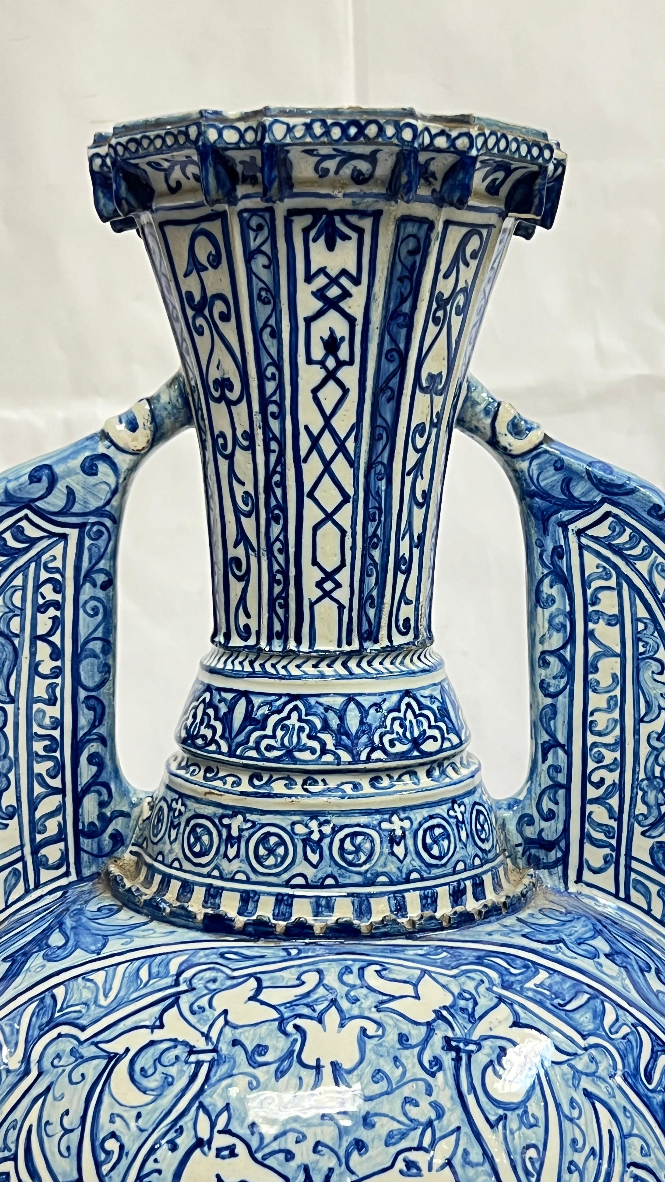 Antique Blue and White Ceramic Alhambra Vase and Iron Stand For Sale 1