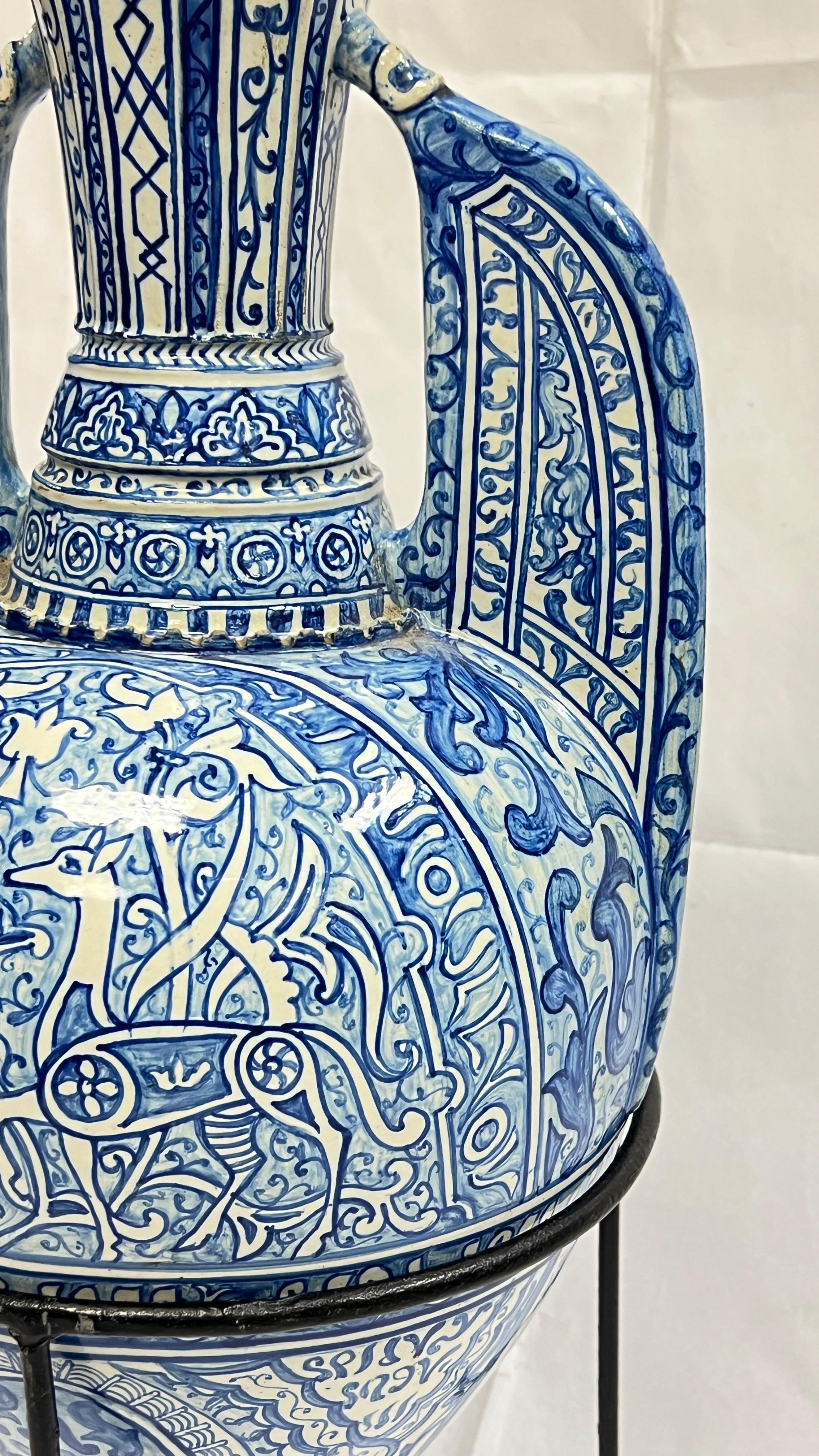Antique Blue and White Ceramic Alhambra Vase and Iron Stand For Sale 2