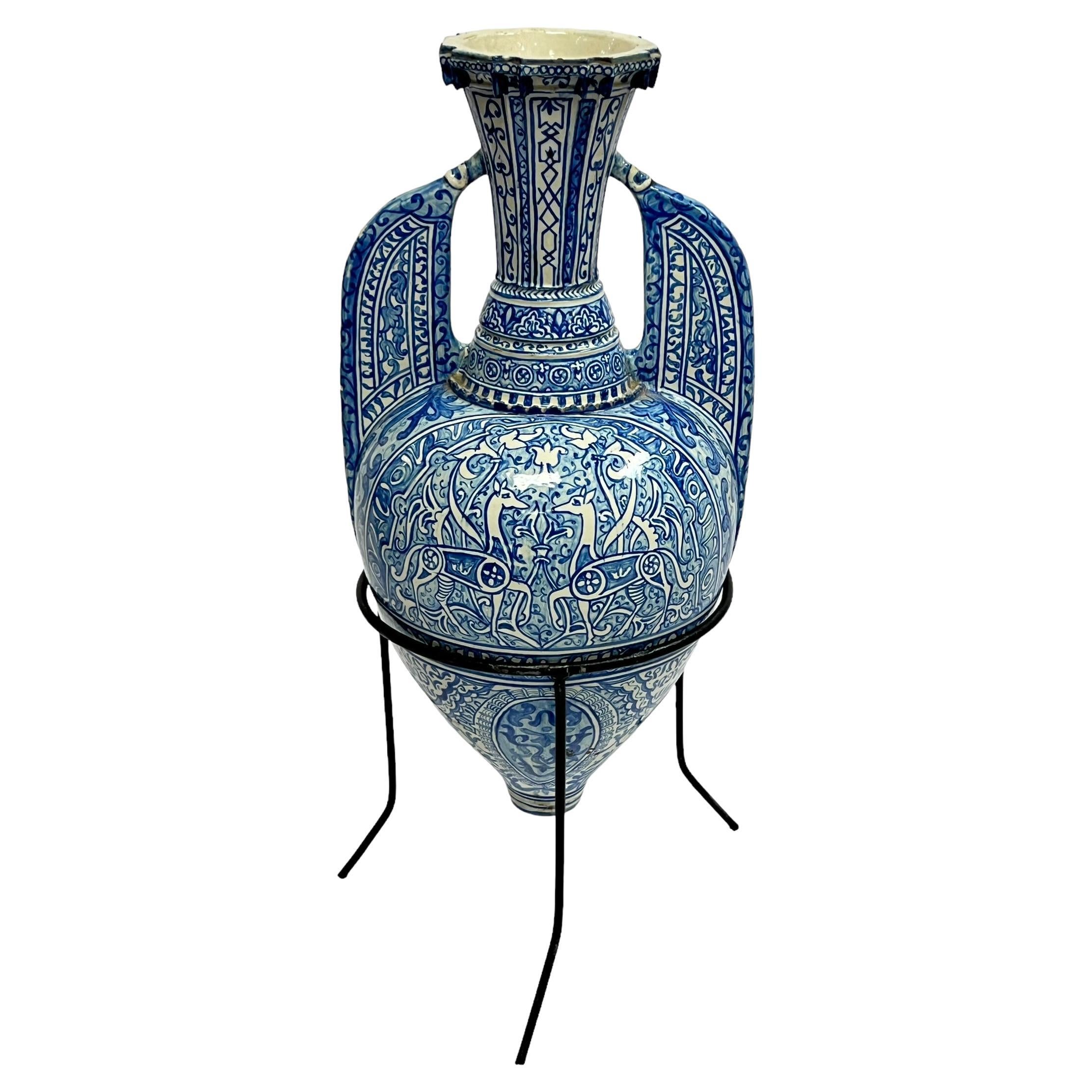 Antique Blue and White Ceramic Alhambra Vase and Iron Stand For Sale