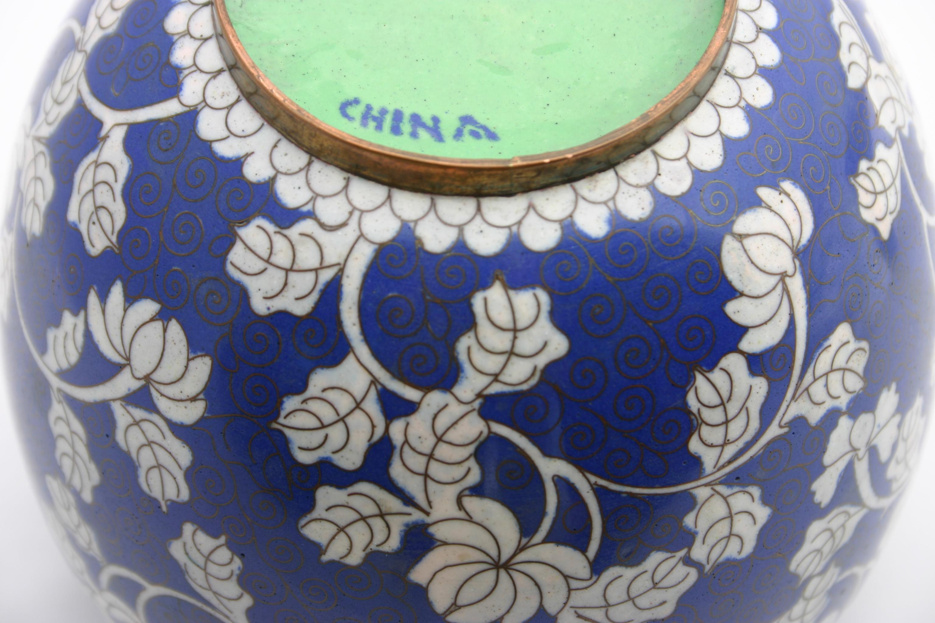 Antique Blue and White Chinese Cloisonné Chrysanthemum Ginger Jar 4