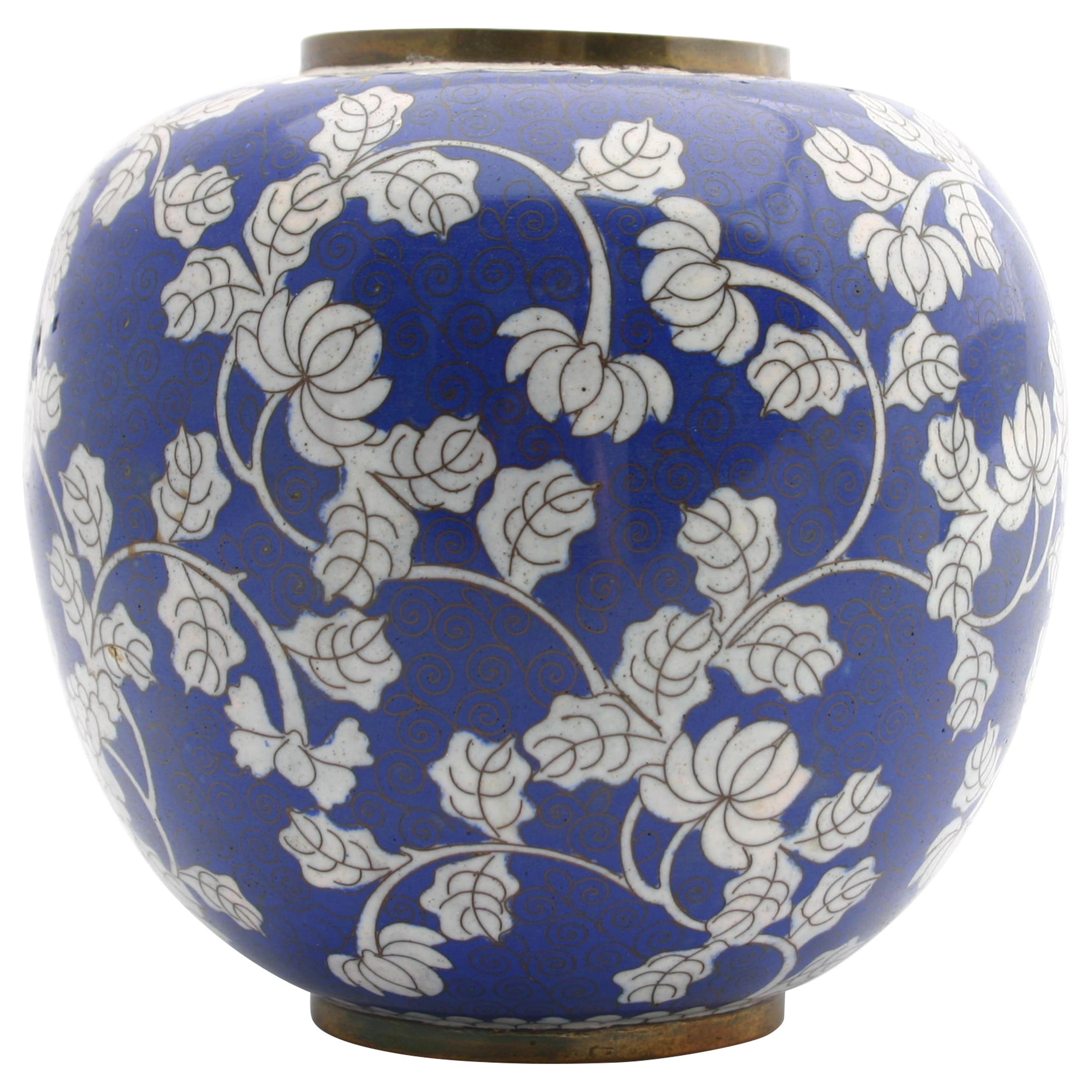Antique Blue and White Chinese Cloisonné Chrysanthemum Ginger Jar