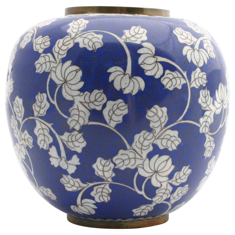 Antique Blue and White Chinese Cloisonné Chrysanthemum Ginger Jar For Sale