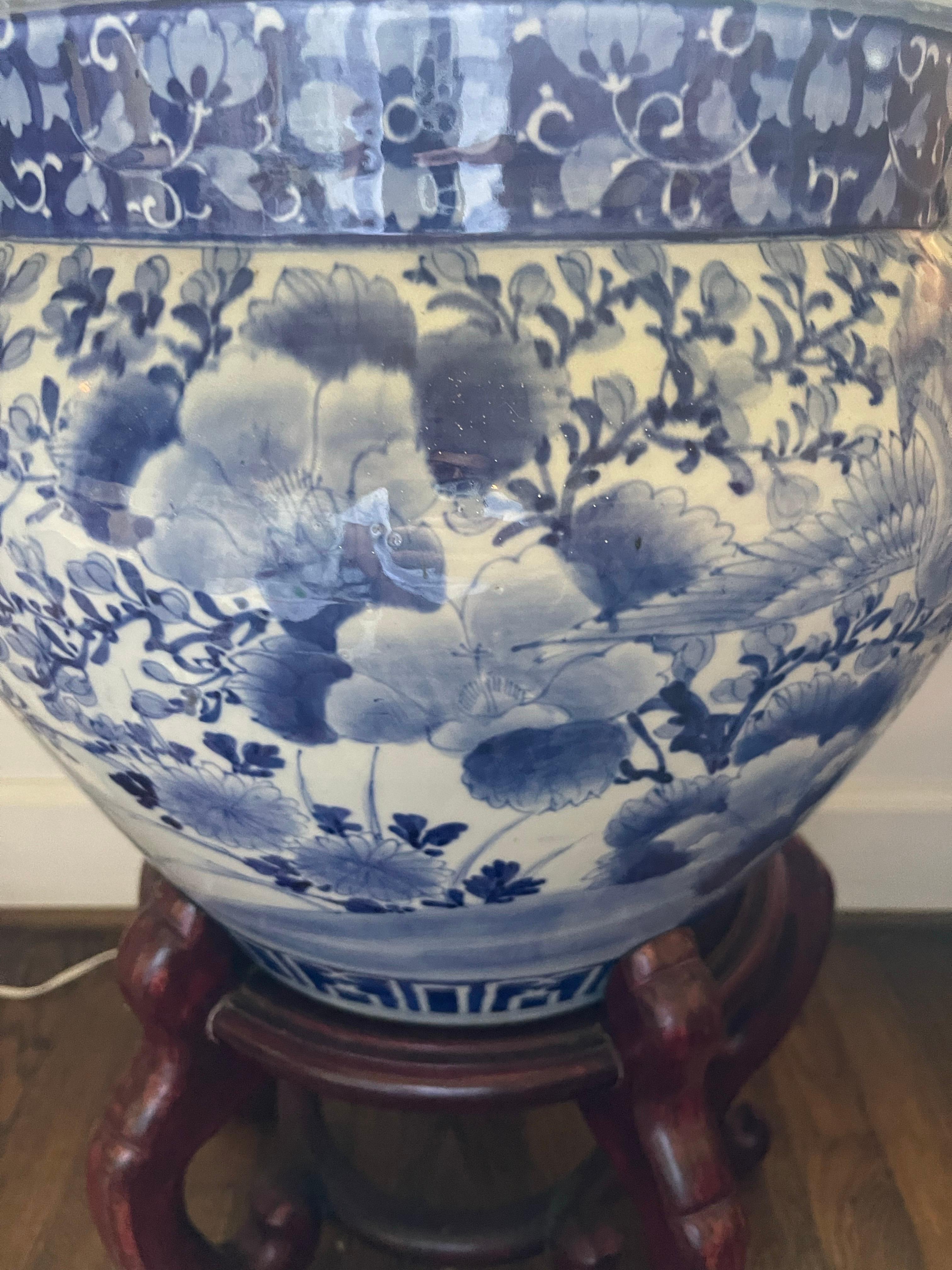 Antique Blue and White Chinese Planter on Wood Stand, Mid 20th Century For Sale 2