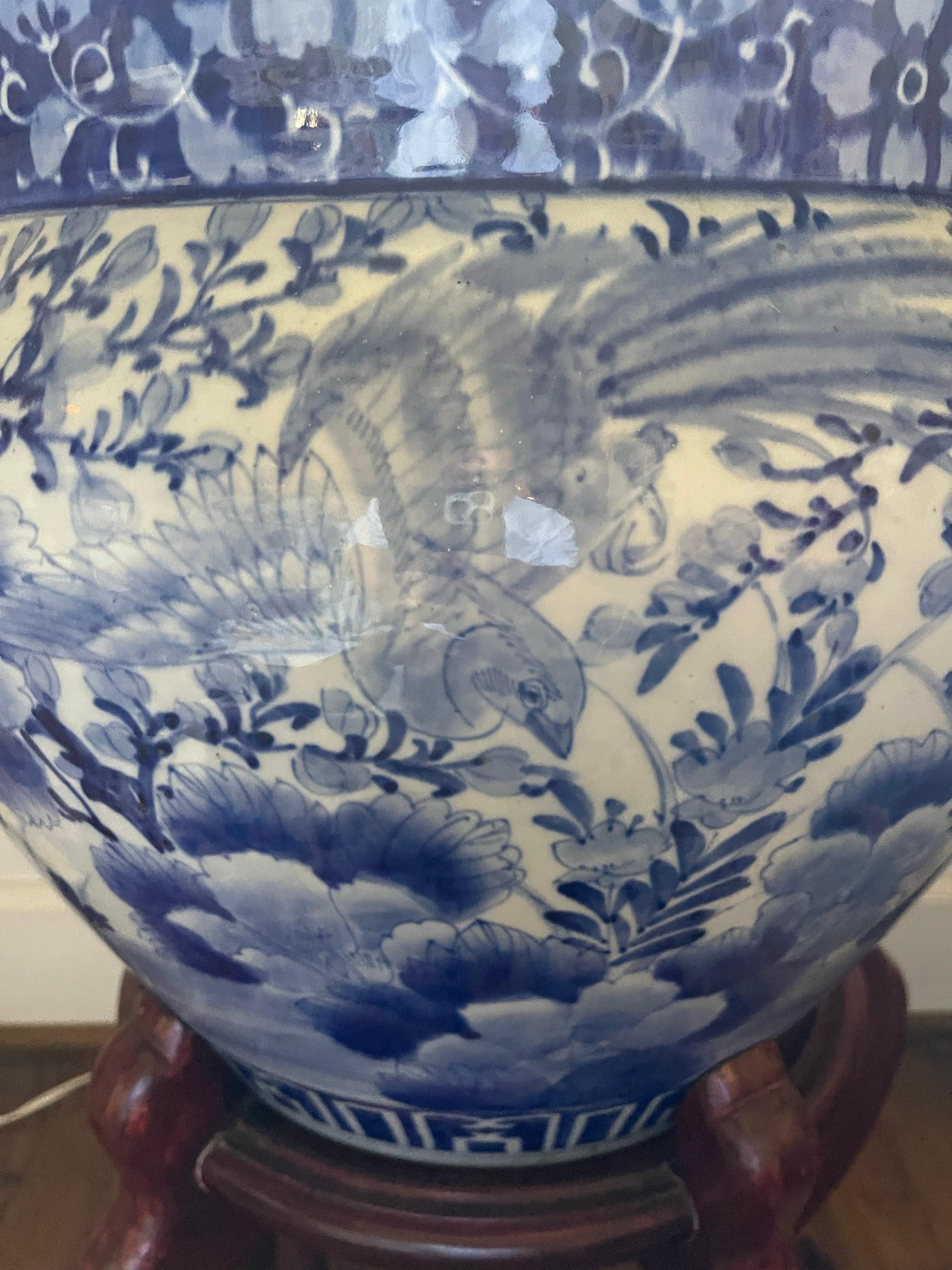 Antique Blue and White Chinese Planter on Wood Stand, Mid 20th Century For Sale 3