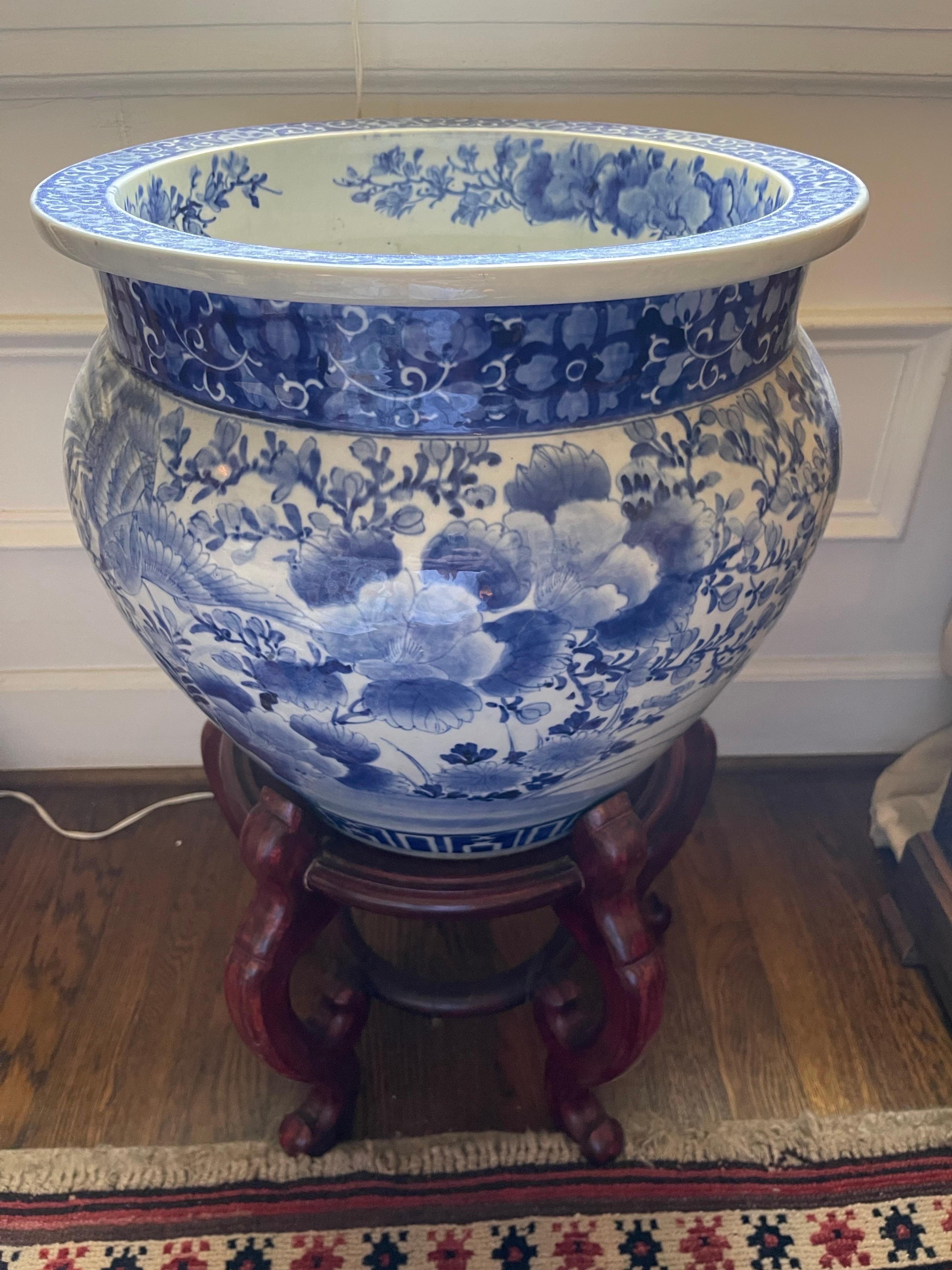 Antique Blue and White Chinese Planter on Wood Stand, Mid 20th Century For Sale 4