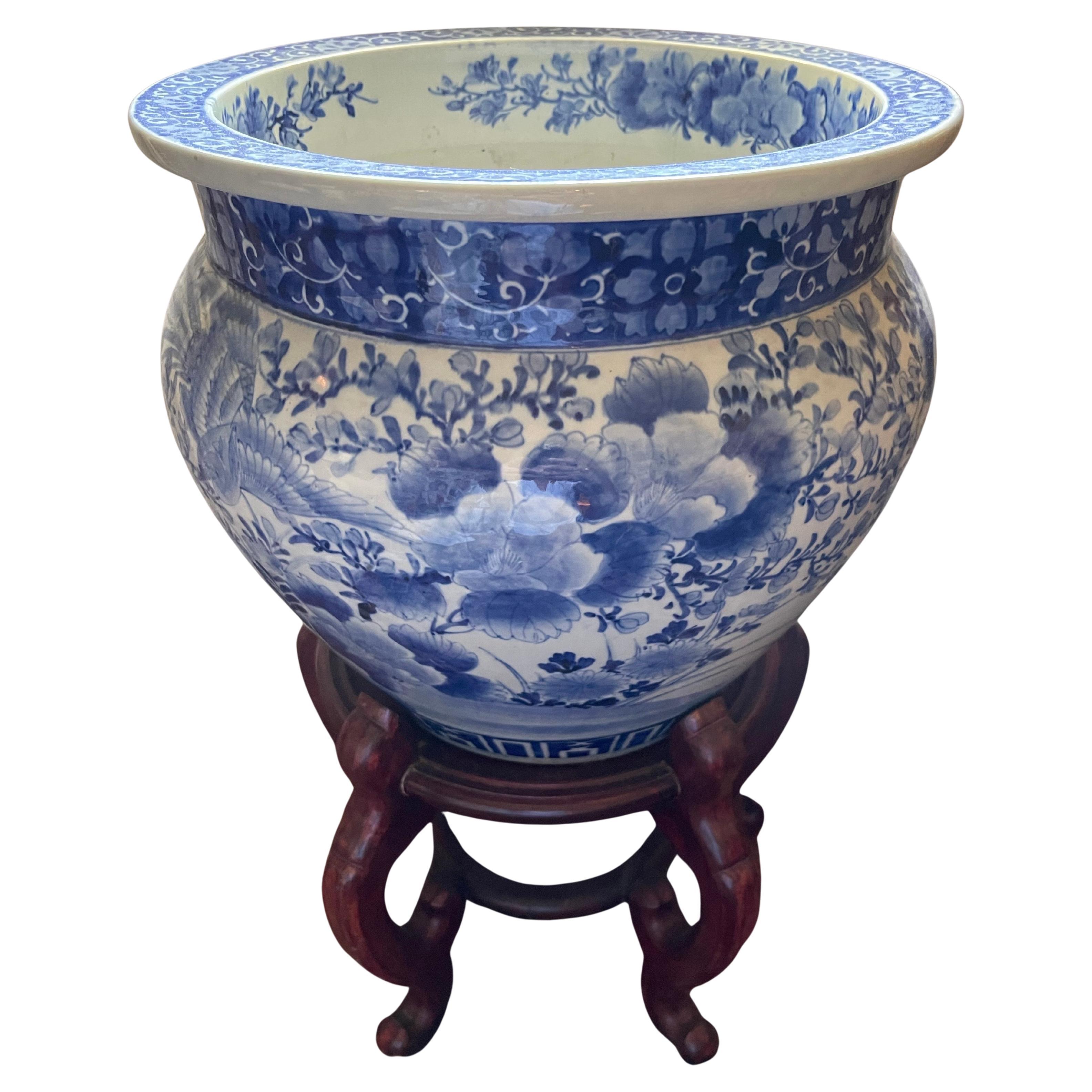 Antique Blue and White Chinese Planter on Wood Stand, Mid 20th Century For Sale