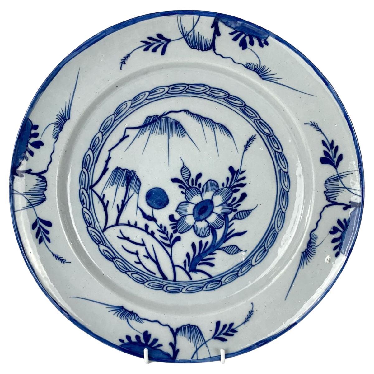 Antique Blue and White Delft Charger Hand-Painted in England circa 1765 For Sale
