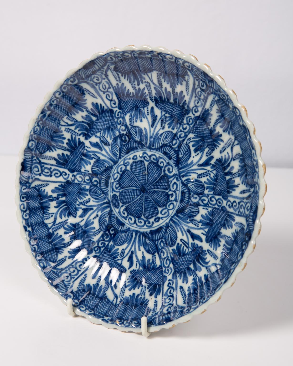 Dutch Antique Delft Blue and White Dish with Fluting and a Scalloped Edge circa 1780