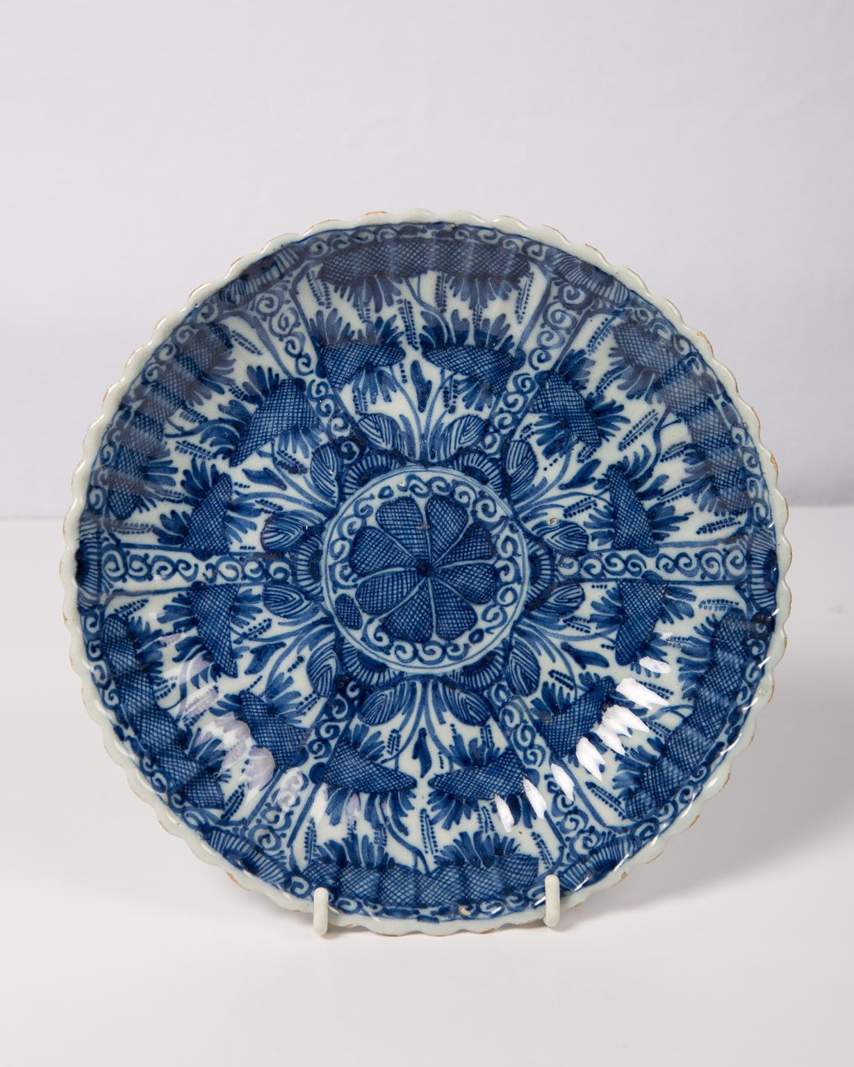 Hand-Painted Antique Delft Blue and White Dish with Fluting and a Scalloped Edge circa 1780