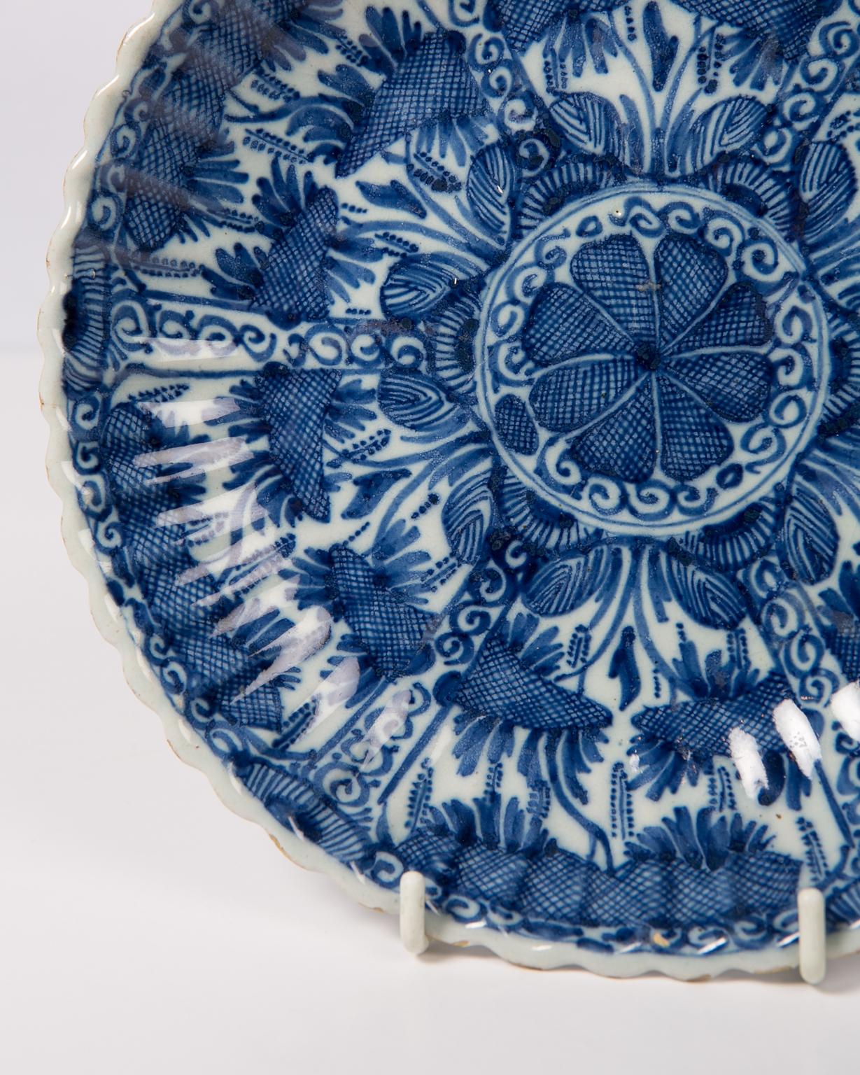 18th Century Antique Delft Blue and White Dish with Fluting and a Scalloped Edge circa 1780