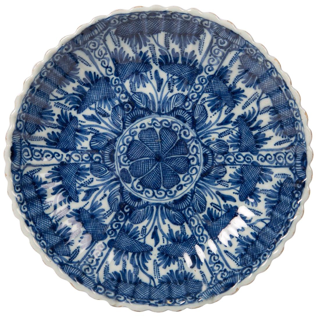 Antique Delft Blue and White Dish with Fluting and a Scalloped Edge circa 1780