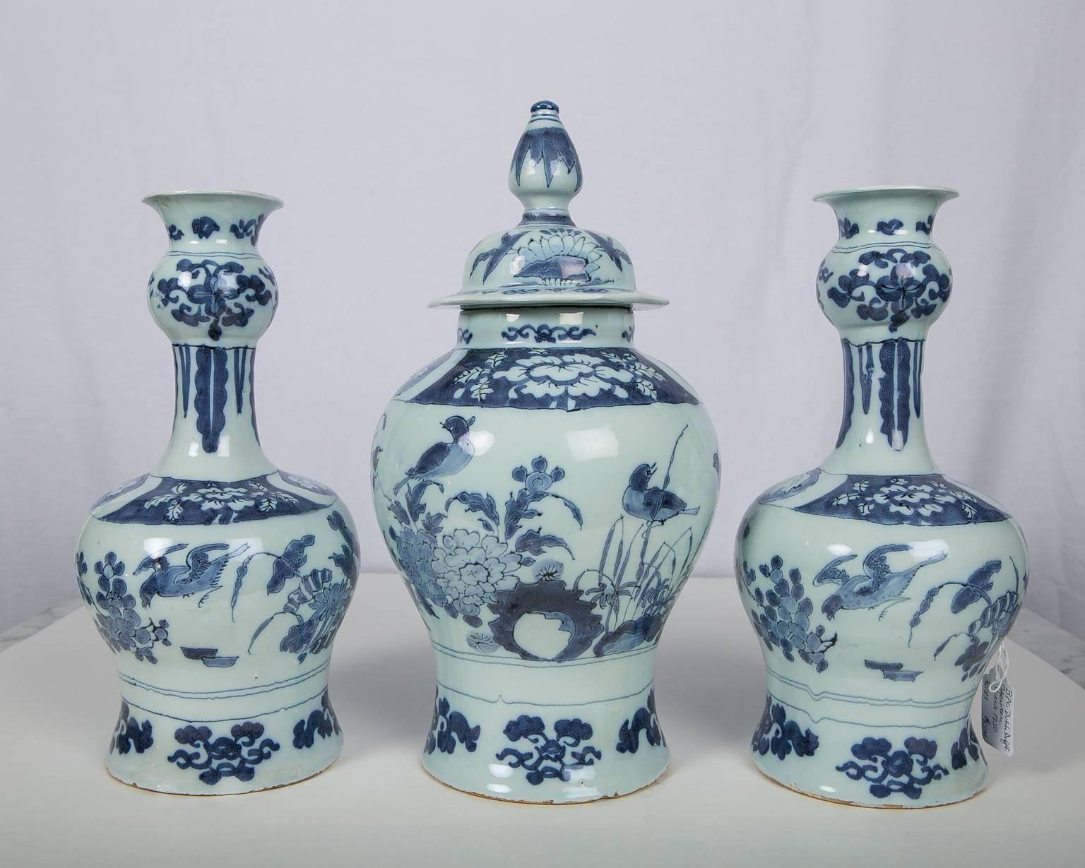 Rococo Antique Blue and White Delft Garniture of Three Vases