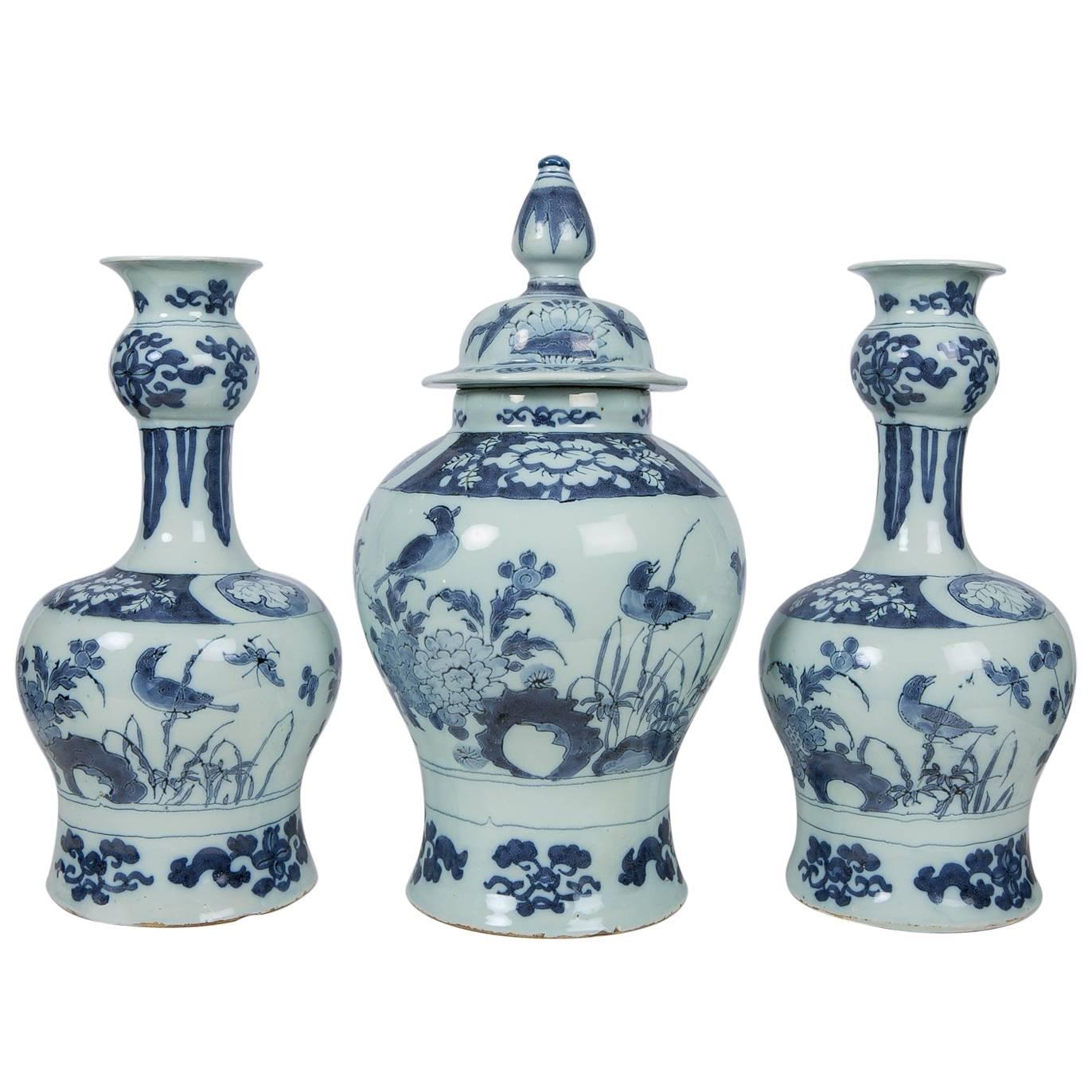 Antique Blue and White Delft Garniture of Three Vases