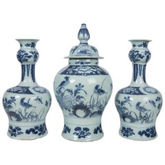 Antique Blue and White Delft Garniture of Three Vases