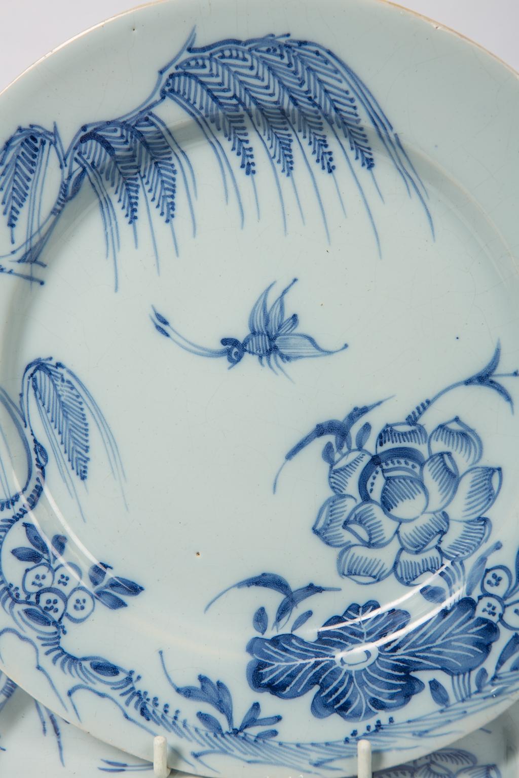 WHY WE LOVE IT: On one of those crazy days looking at this brings serenity.
A set of five antique blue and white delft plates painted in a medium cobalt blue. These English delftware dishes were made in the mid-18th century most probably in Lambeth,