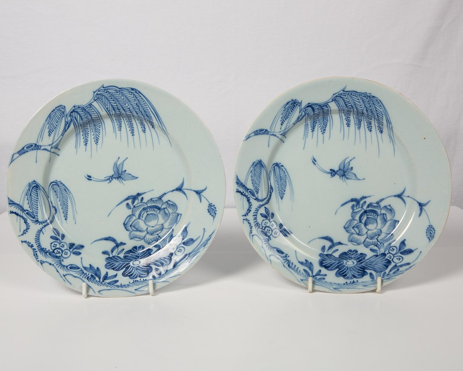 Hand-Painted Antique Blue and White Delft Plates a Set of Five 18th Century circa 1750