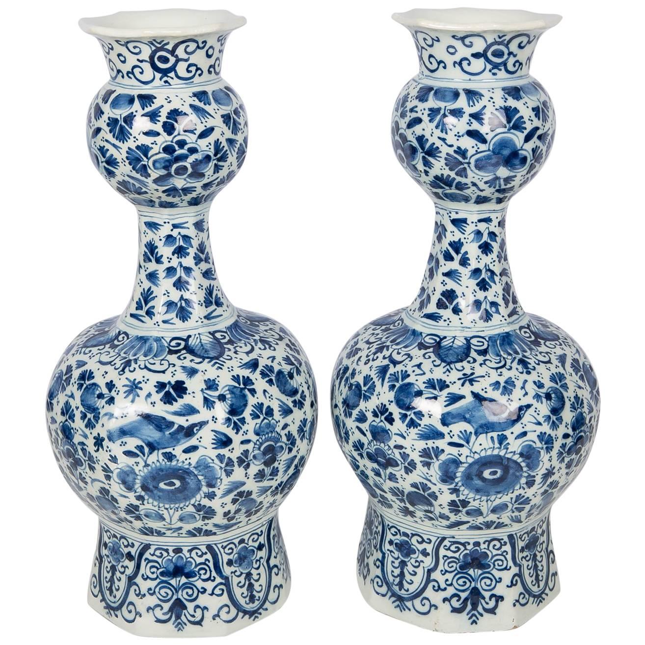 Antique Blue and White Delft Vases Pair Hand-Painted   IN STOCK