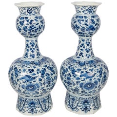 Antique Blue and White Delft Vases Pair Hand-Painted   IN STOCK