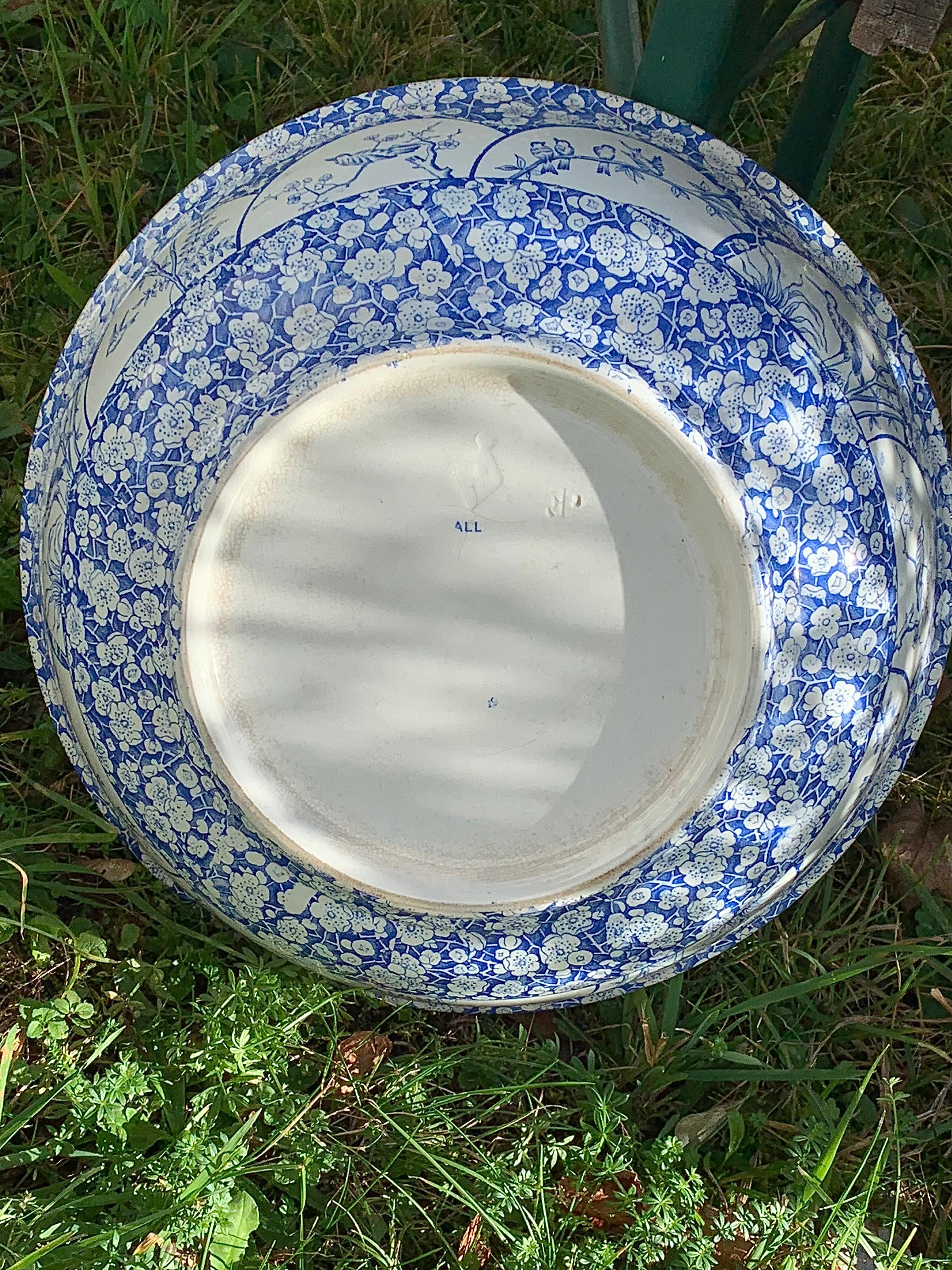 Japonisme Antique Blue and White Earthenware Bowl Cherry Blossom Japonism Decoration   For Sale