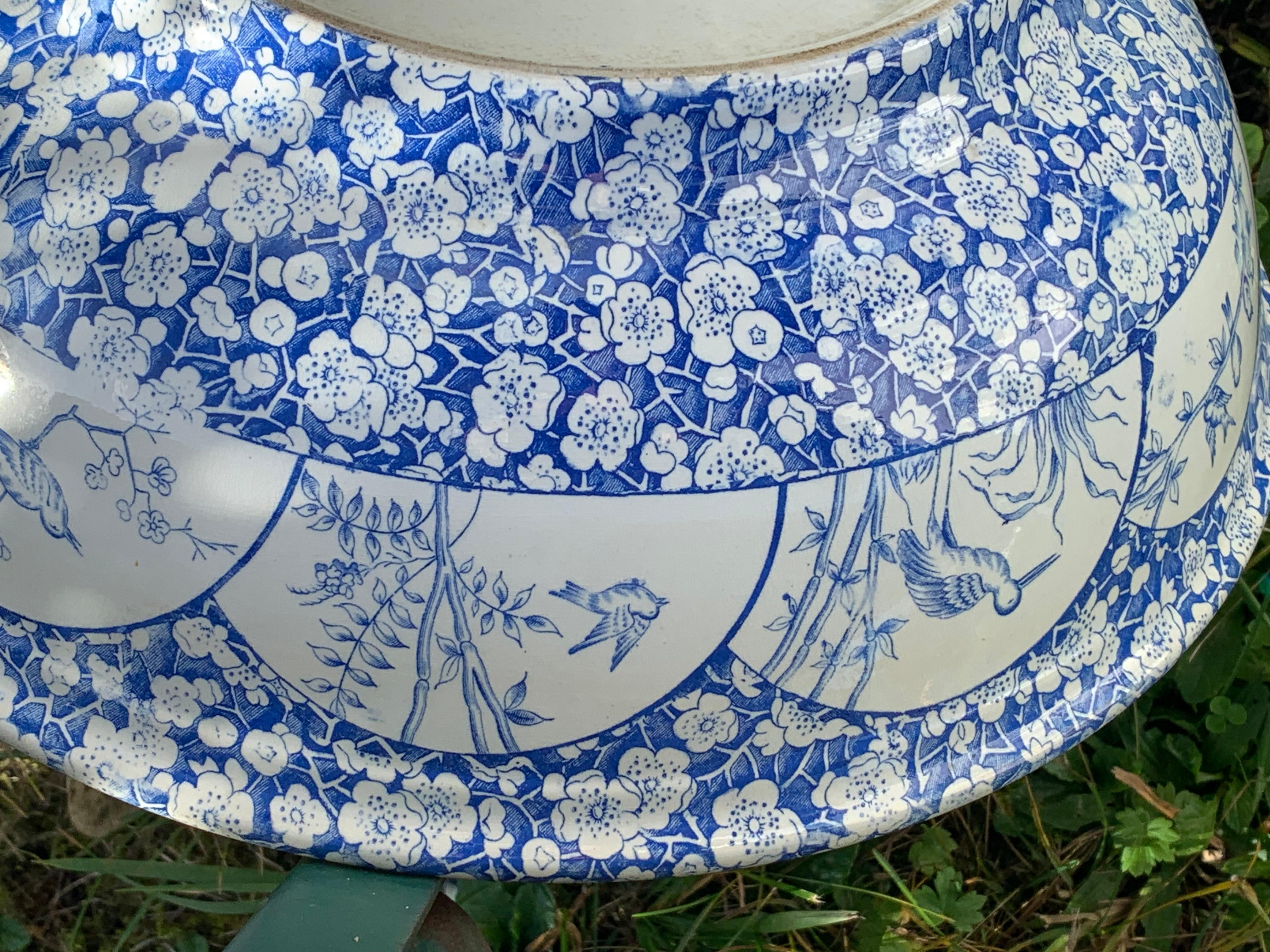 Antique Blue and White Earthenware Bowl Cherry Blossom Japonism Decoration   In Good Condition For Sale In Munich, DE