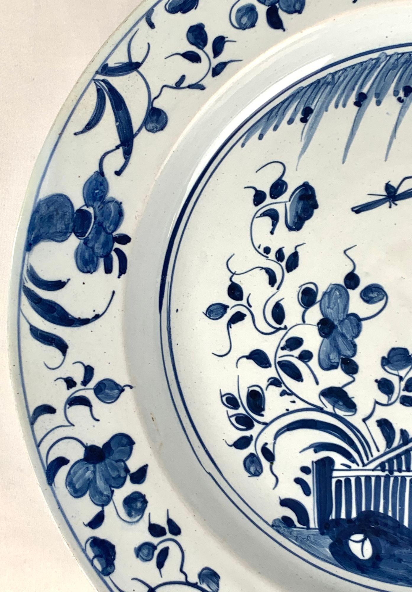 Chinoiserie Antique Blue and White English Delft Charger Plate Hand Painted Circa 1760 For Sale