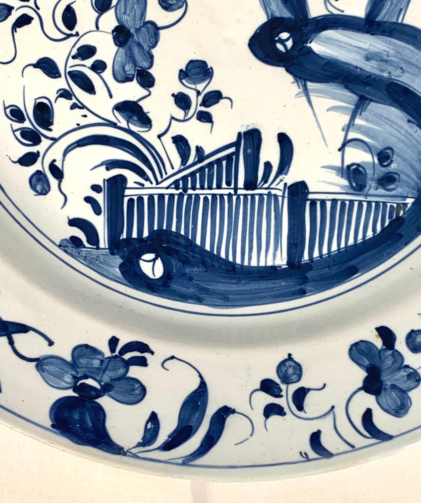 18th Century Antique Blue and White English Delft Charger Plate Hand Painted Circa 1760 For Sale