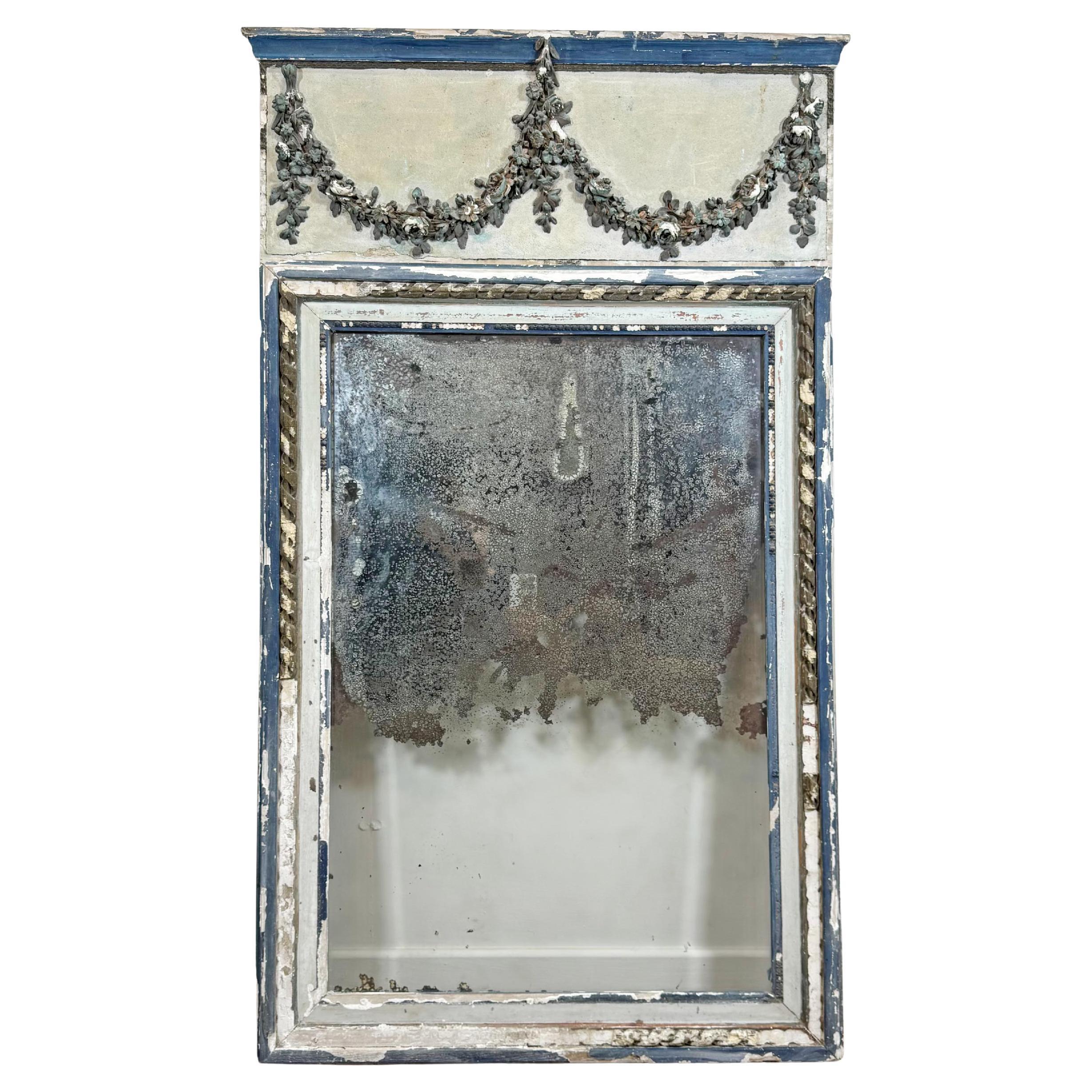 Antique Mirror da parete in gesso dorato blu e bianco del 1800 circa