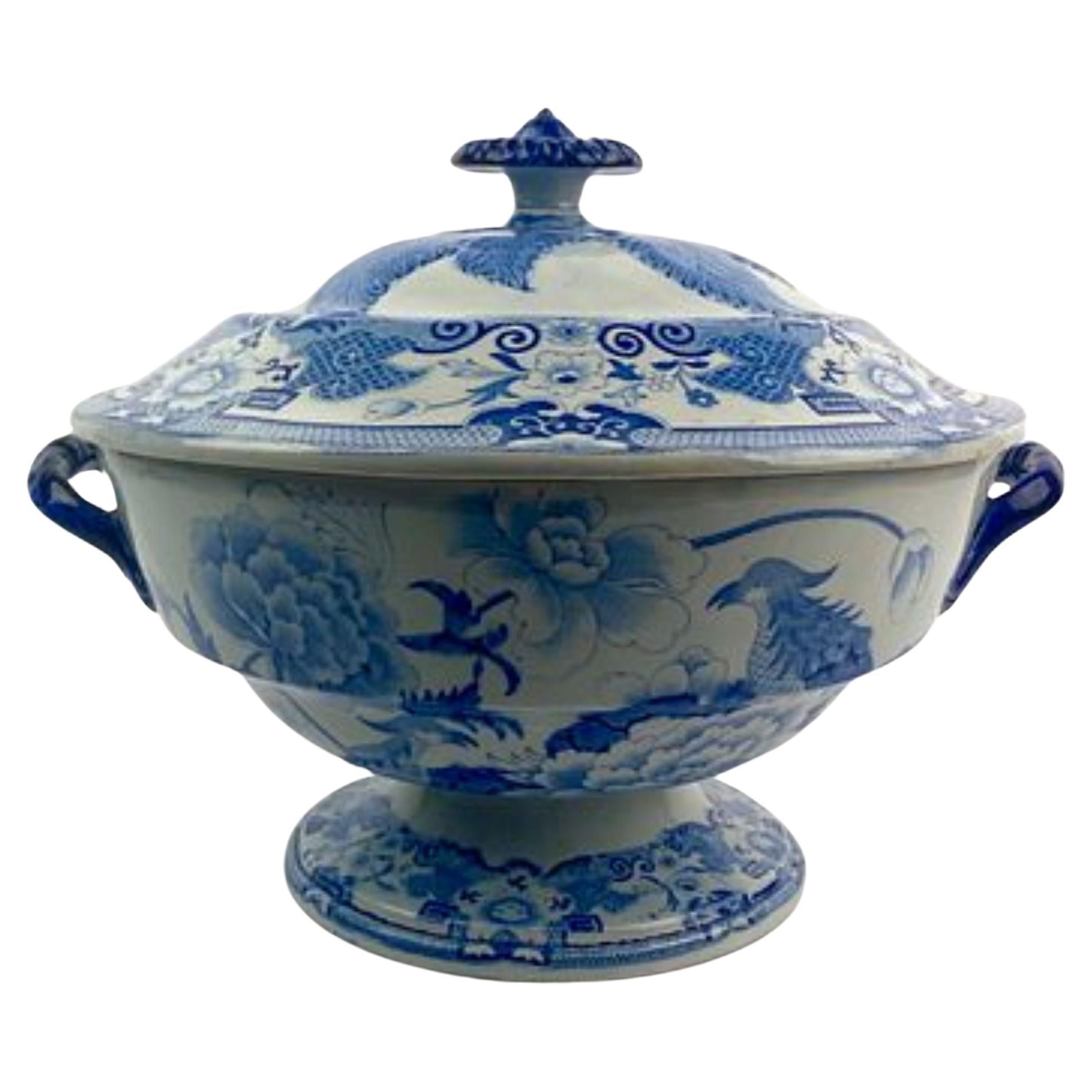 Antique Blue and White Ironstone Covered Tureen,  Early 19th Century