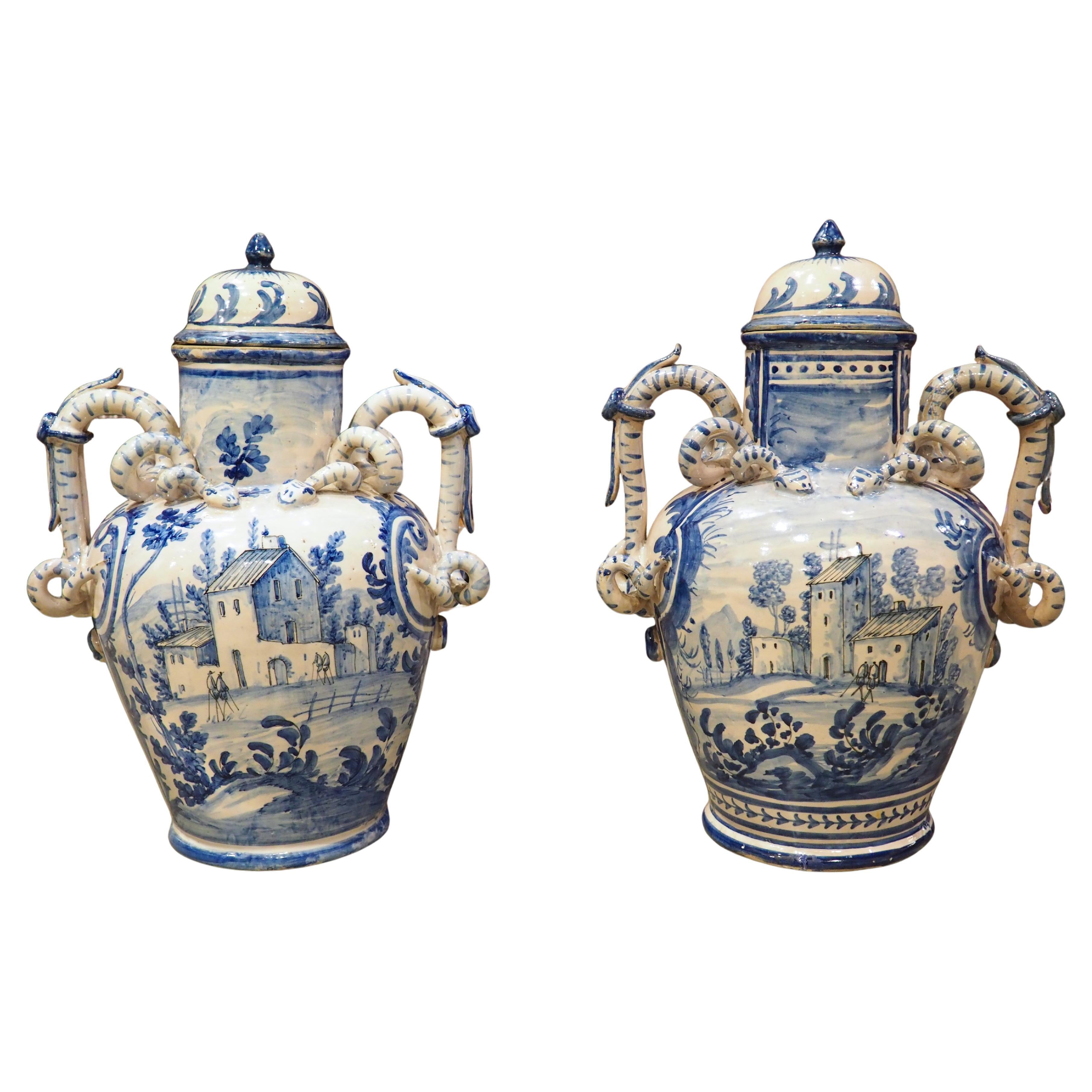 Antique Blue and White Lidded Vases from Savona, Italy, Circa 1800