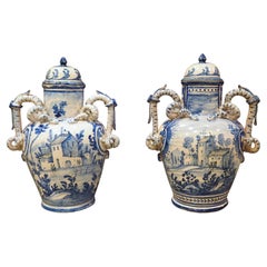 Antique Blue and White Lidded Vases from Savona, Italy, Circa 1800
