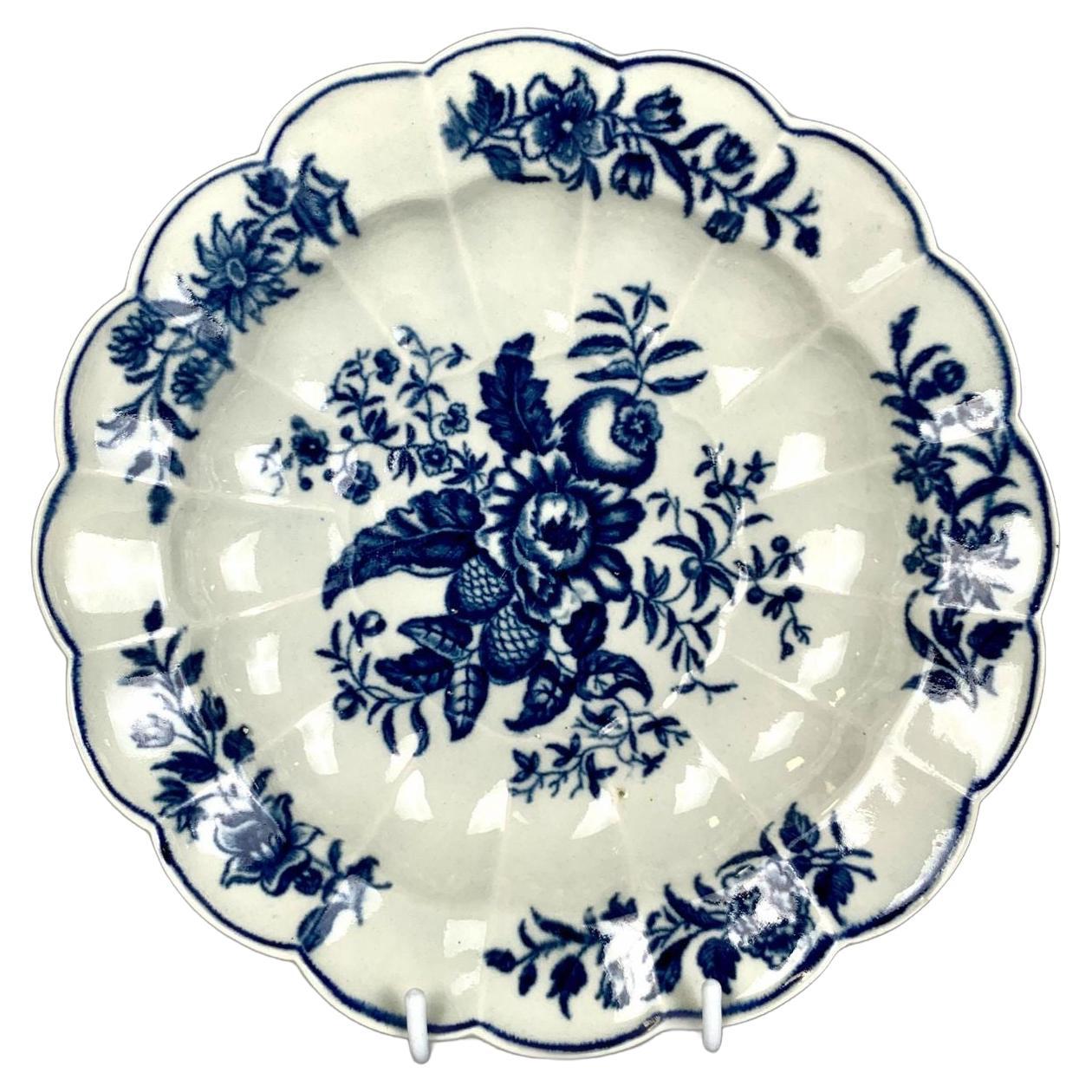 Antico piatto in porcellana bianca e blu di Worcester, Inghilterra, 18° secolo C.C. 1785