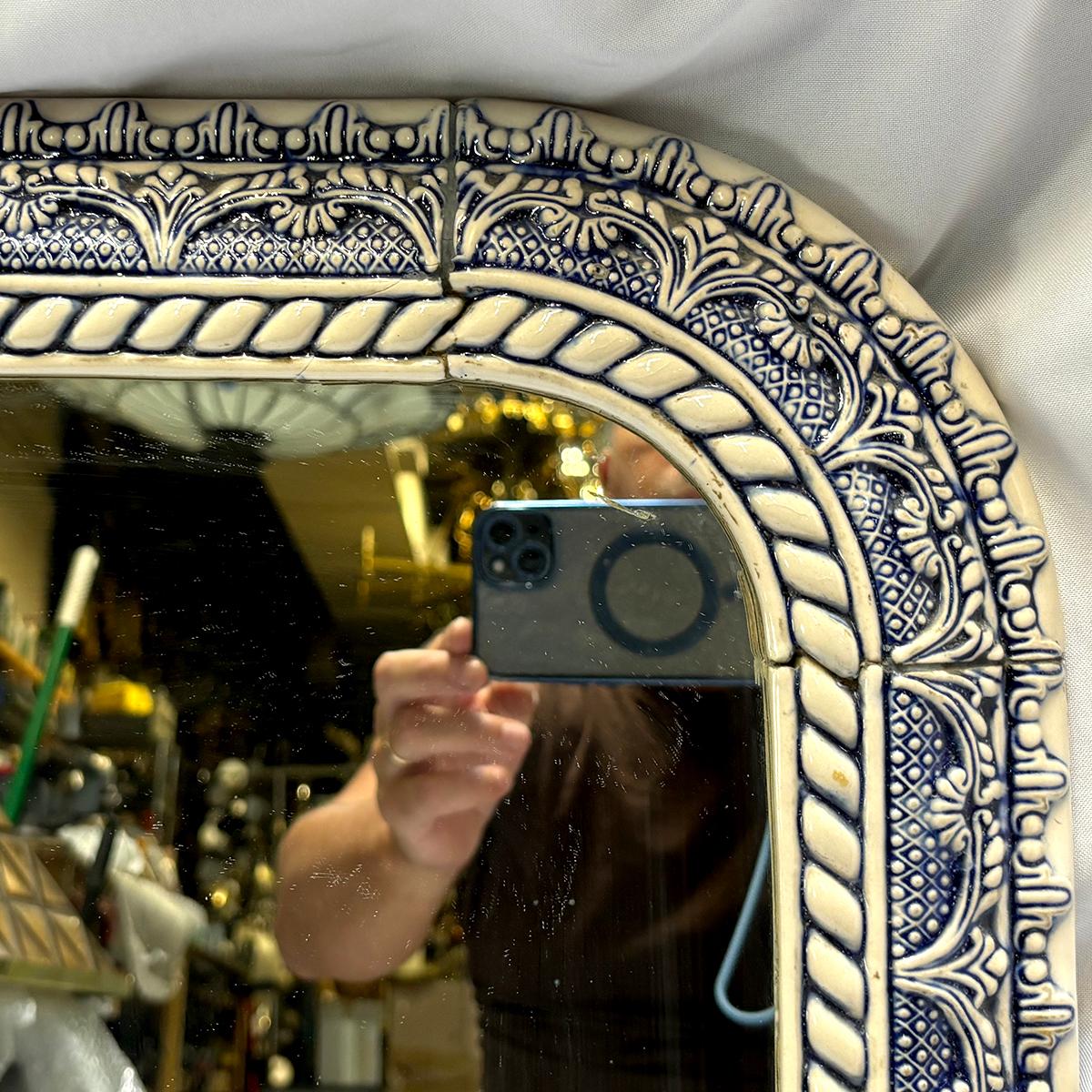 English Antique Blue and White Porcelain Mirror