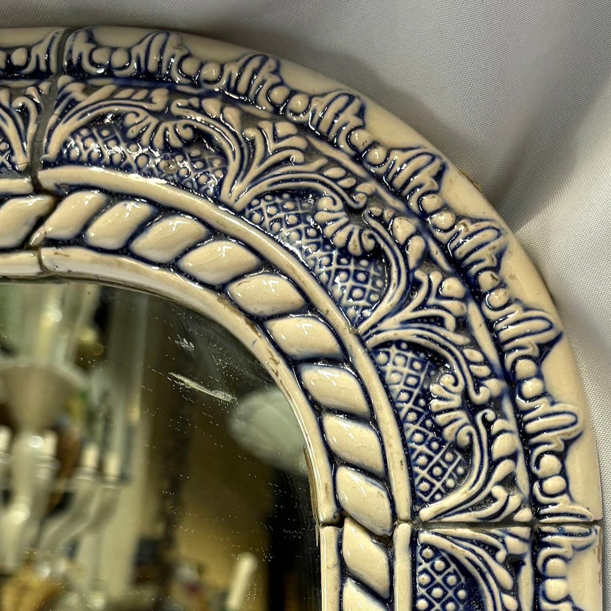 Antique Blue and White Porcelain Mirror In Good Condition In New York, NY