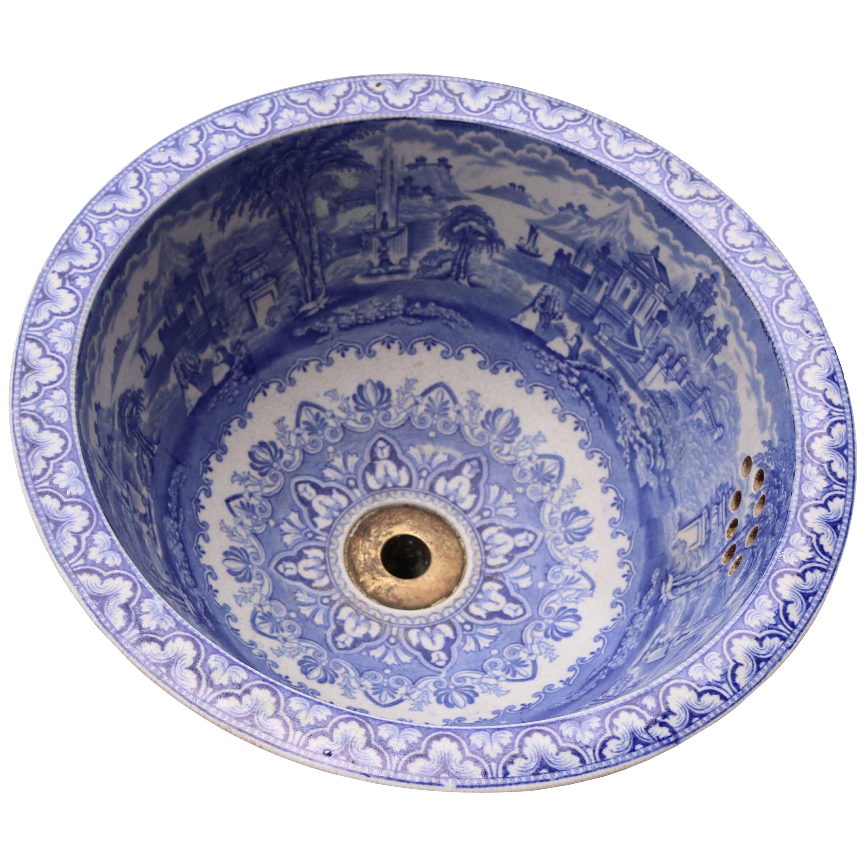 Antique Blue and White Transfer Printed Porcelain Wash Basin