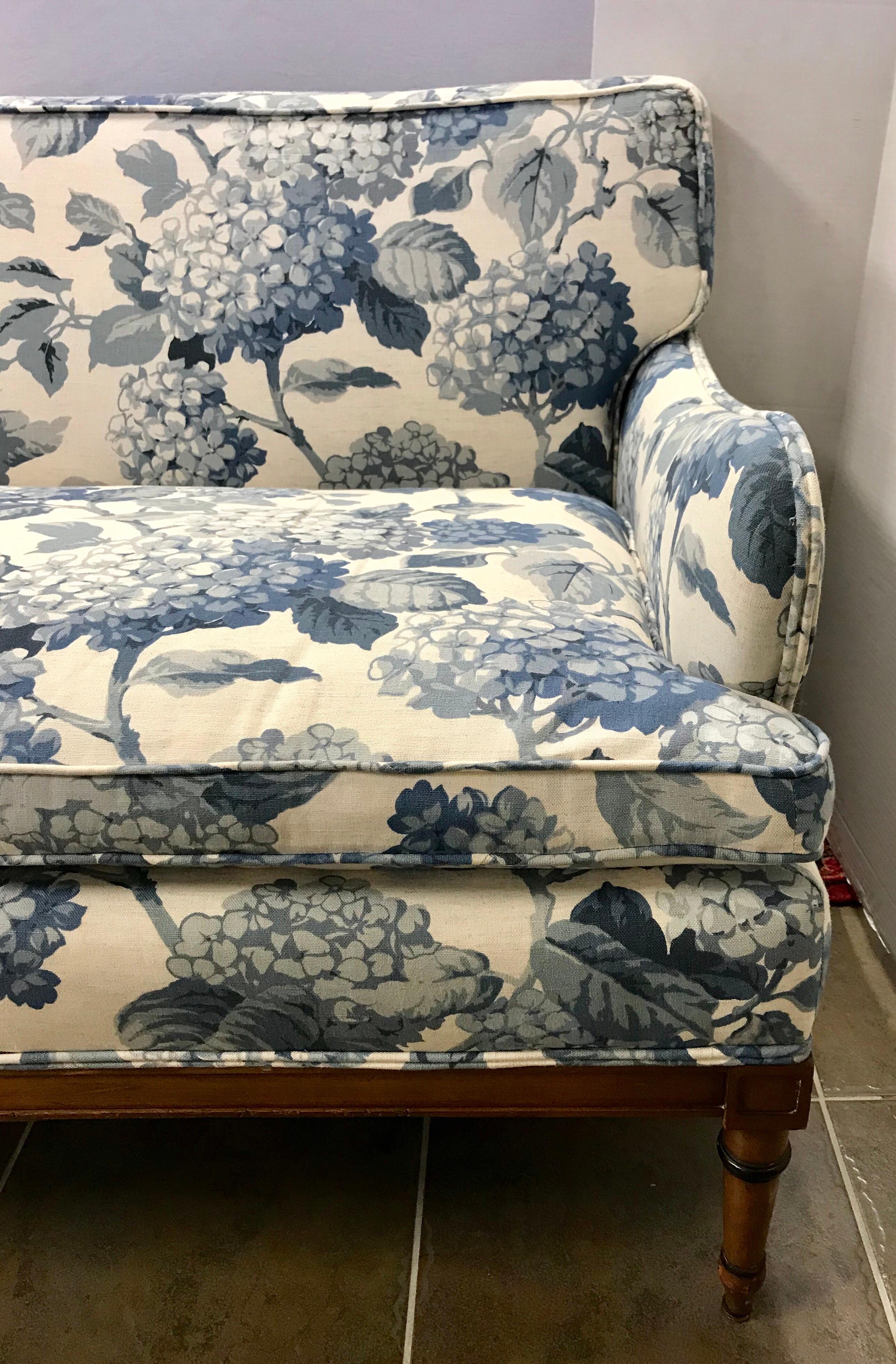 Mid-20th Century Antique Blue and White Upholstered Loveseat Settee Sofa 