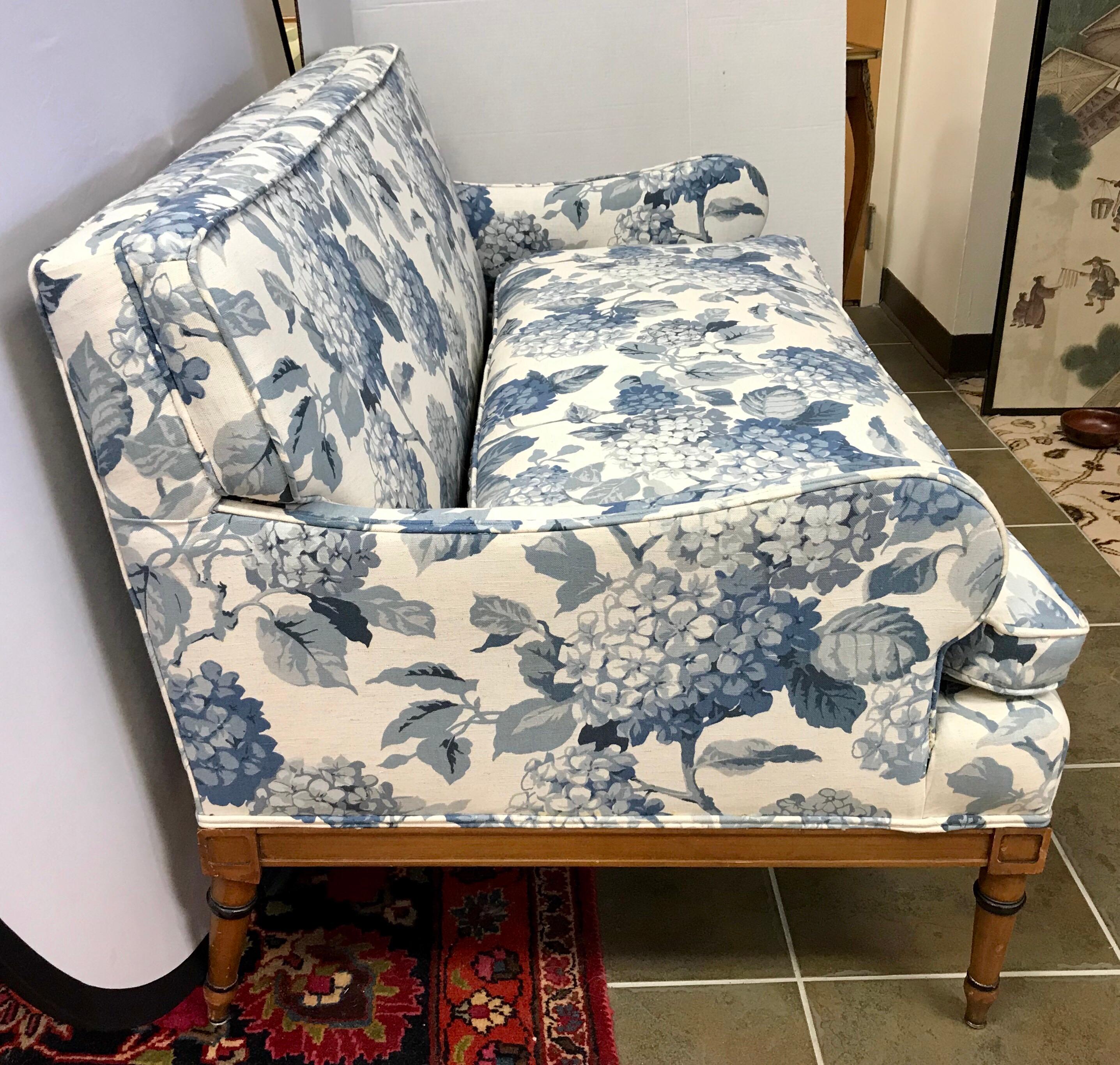 Fabric Antique Blue and White Upholstered Loveseat Settee Sofa 