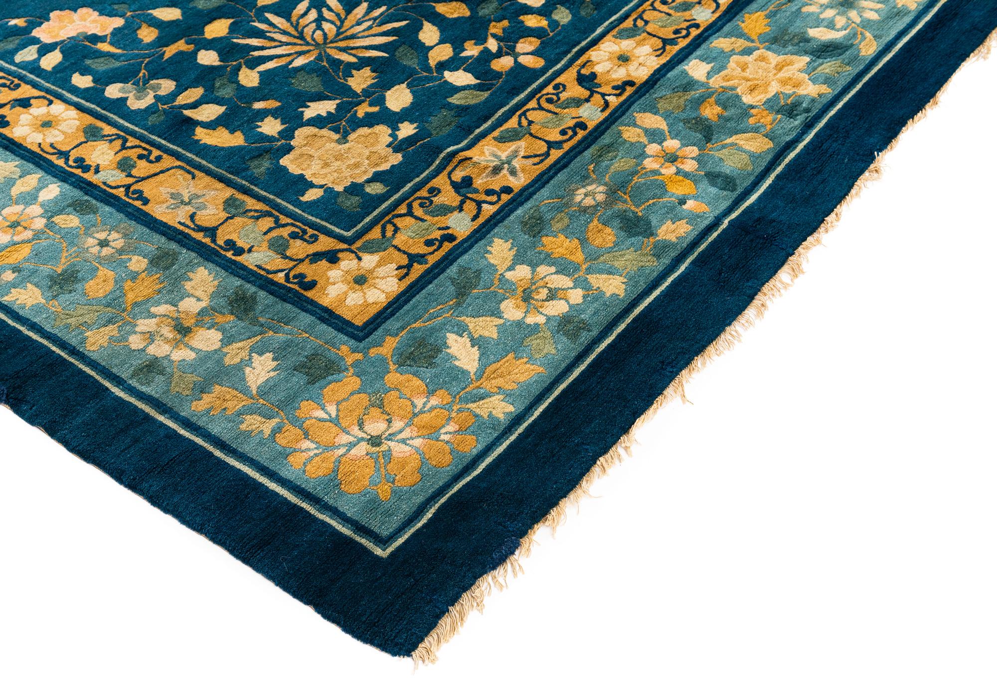 Hand-Knotted Antique Blue and Yellow Chinese Rug with Floral Decor Design 19th Century For Sale