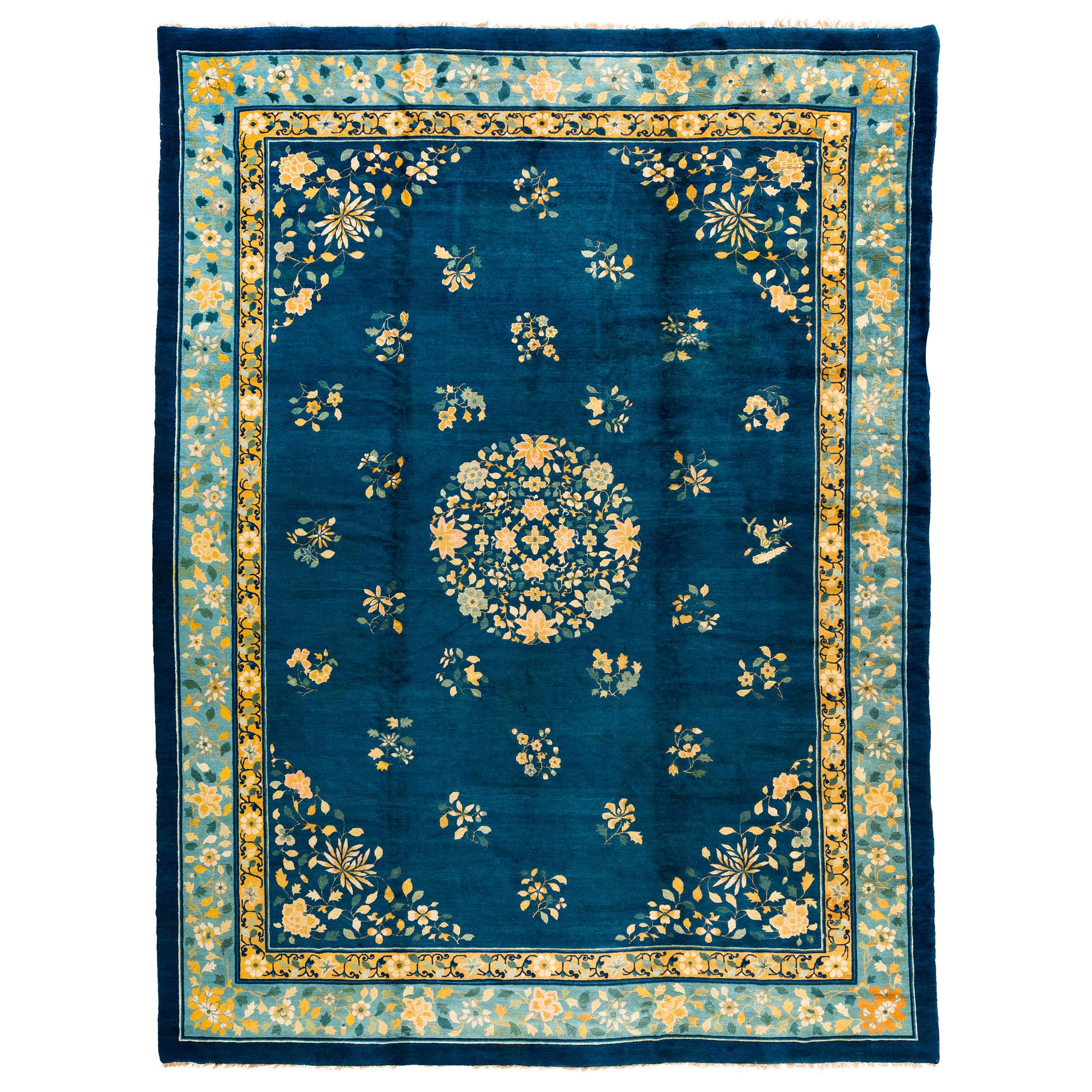 Antique Blue and Yellow Chinese Rug with Floral Decor Design 19th Century For Sale