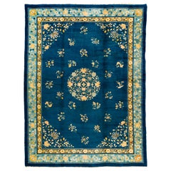 Antique Blue and Yellow Chinese Rug with Floral Decor Design 19th Century