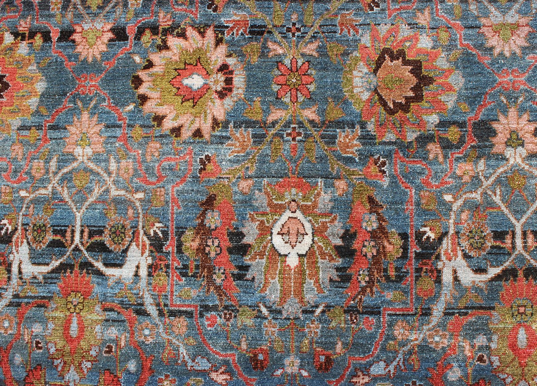 Antique Blue Background Persian Malayer Rug with Colorful Sub-Geometric Design For Sale 6