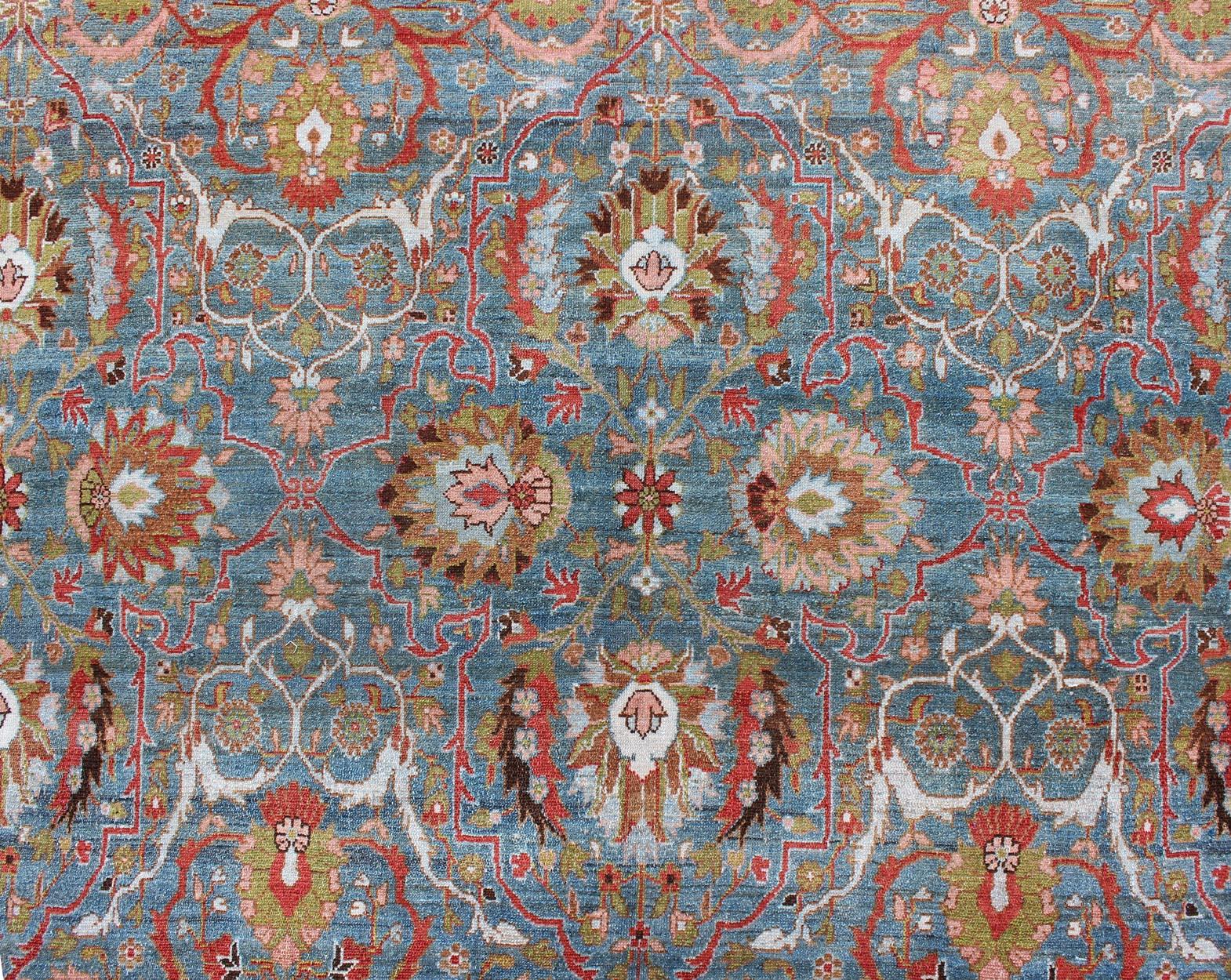 Antique Blue Background Persian Malayer Rug with Colorful Sub-Geometric Design For Sale 4